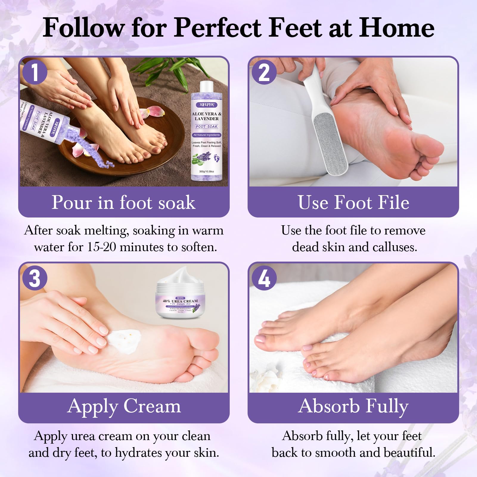 Professional Foot Soak Set with 40% Urea Cream & Lavender Epsom Salt - Callus Remover Pedicure Kit for Dead Skin, Dry Cracked Heels Care - Perfect for At-Home Spa Pedicures and Relaxation