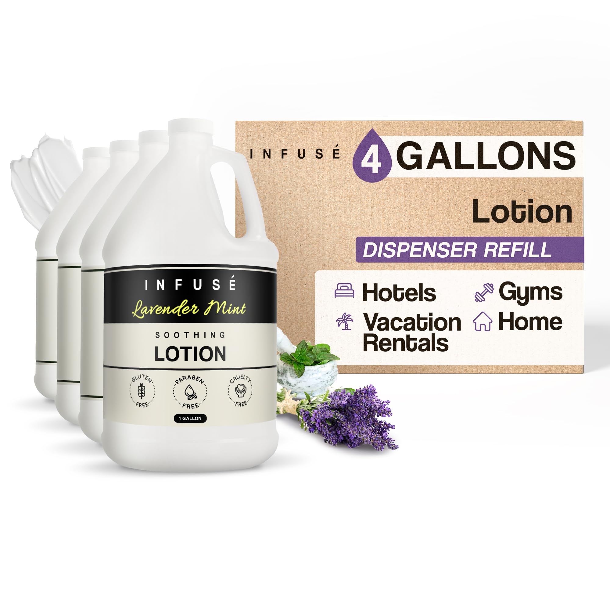 Terra Pure Lavender Mint Infused Hotel Lotion - 1 Gallon Bulk Refill for Hospitality & Vacation Rentals - Perfect for Spa, Hotel, Airbnb Dispensers - Relaxing Aromatherapy Lotion (4-Pack)