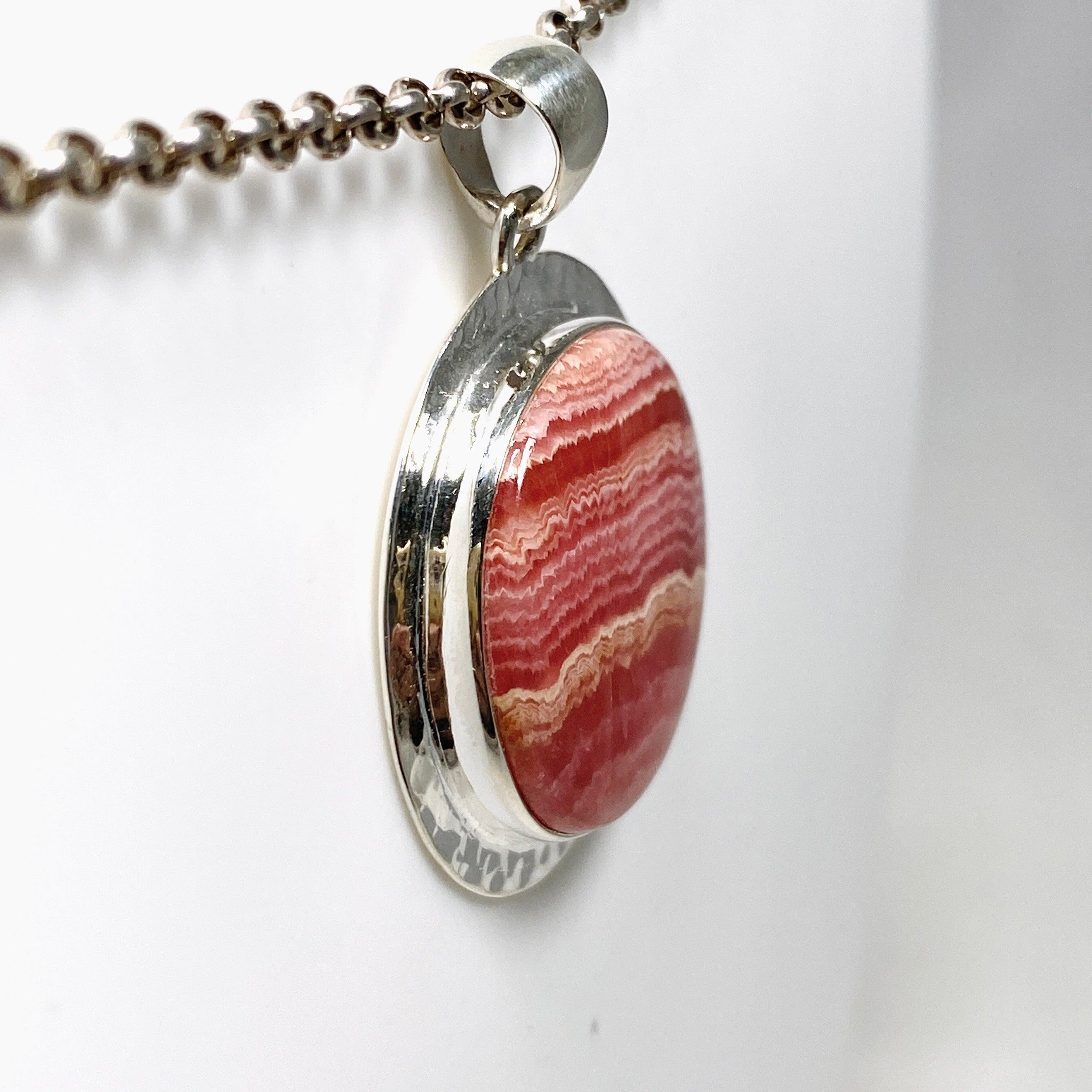Rhodochrosite Round Pendant Necklace - Hammered Sterling Silver Setting KPGJ4321 | Healing Crystal Jewelry for Meditation & Energy Balancing
