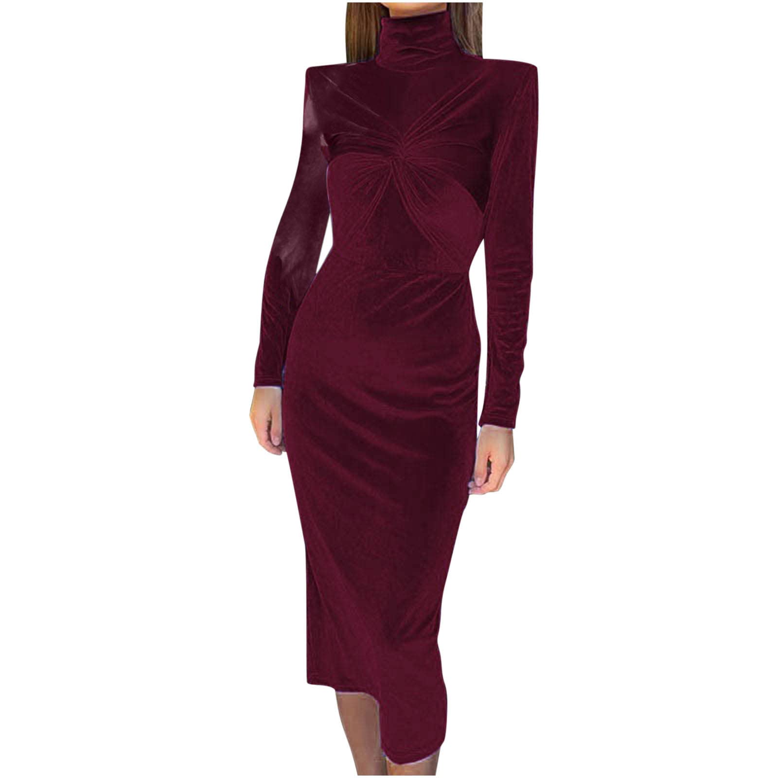 Maqroz Women's Elegant Velvet Long Sleeve Bodycon Dress with Turtleneck & Ruched Detail - Perfect for Party, Wedding Guest & Holiday Events | Stretchy Midi Dress for Cocktail, Christmas & Formal Occasions