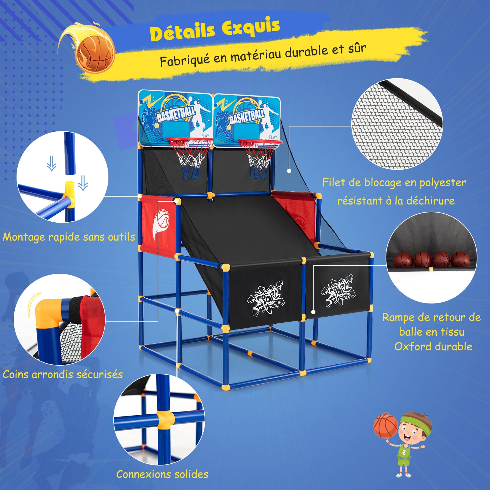 GYMAX Double Shot Arcade Basketball Game for Kids - Indoor Basketball Set with 2 Backboards, 4 Balls & Air Pump - Perfect for Playrooms, Birthday Parties & Family Fun