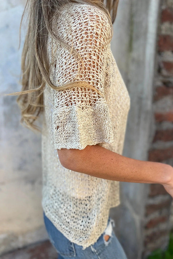 Solid Color Hollow Sleeve V-Neck Button Knitted Cardigan for Women - Lightweight Summer Cover Up for Office, Beach & Casual Outfits