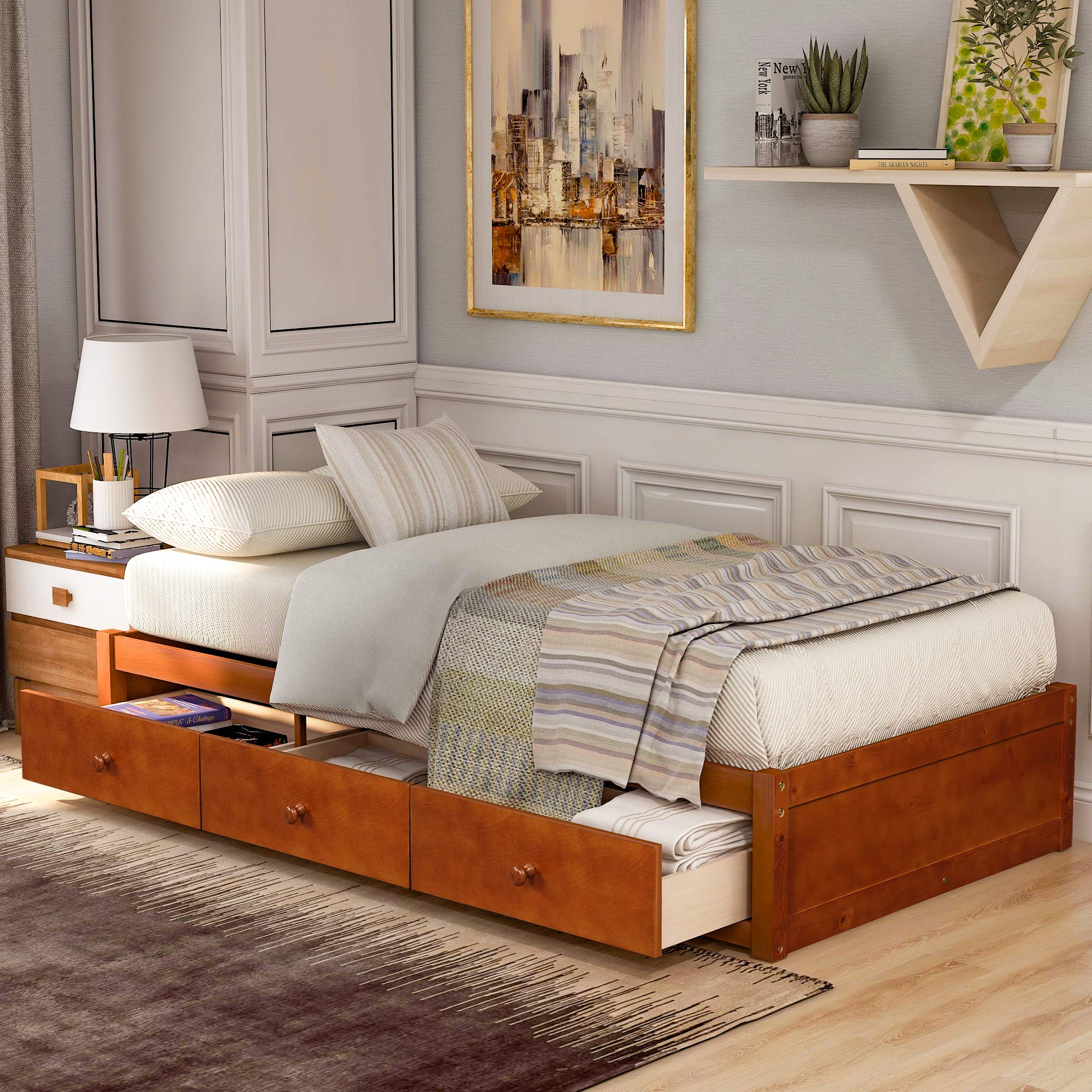Merax Twin Size Wood Platform Bed with 3 Storage Drawers & Wood Slat Support - No Box Spring Needed - Sturdy Bed Frame for Small Spaces, Guest Rooms & Dormitories