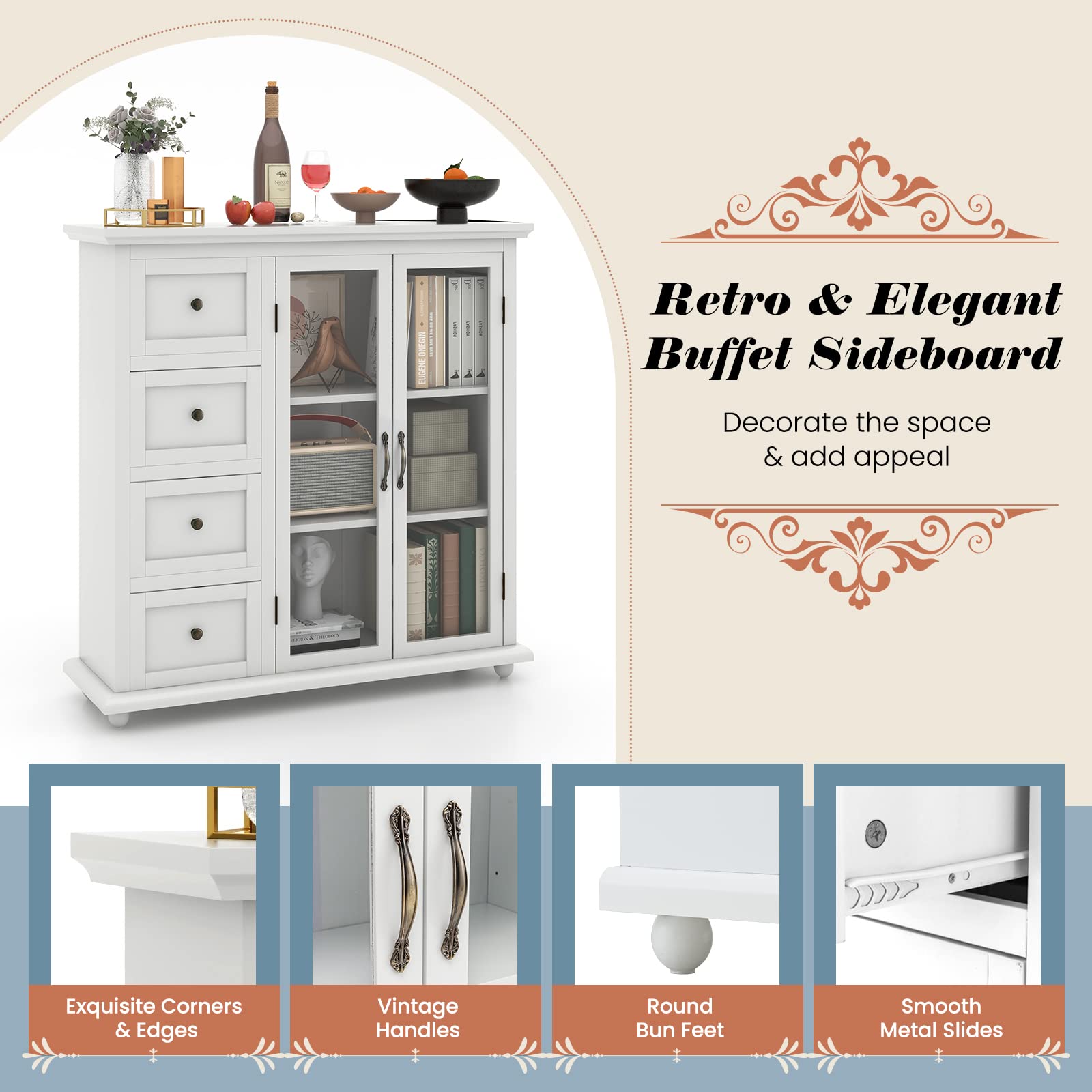 COSTWAY White Sideboard Cabinet with 4 Drawers & Glass Doors - Kitchen & Dining Room Storage