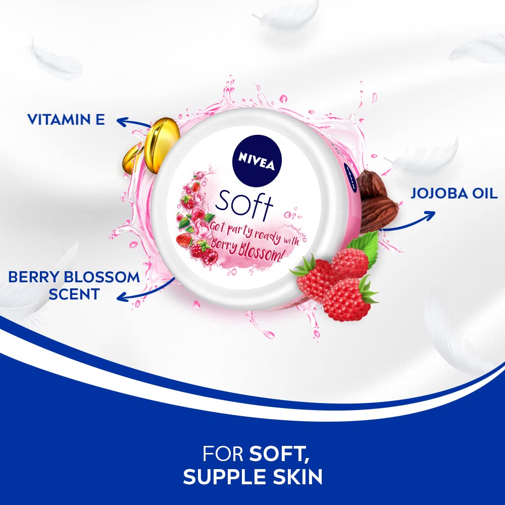 Nivea Soft Light Moisturizing Cream with Vitamin E & Jojoba Oil - Playful Peach & Berry Blossom (100ml) | Hydrating Face, Hand & Body Lotion for Daily Skincare Routine | Perfect for Dry Skin Care & Makeup Prep