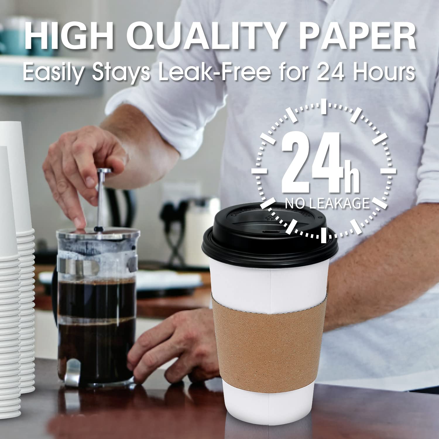 100 Pack 16oz Disposable Coffee Cups with Lids & Sleeves - Insulated Paper Cups for Hot Drinks, Coffee, Tea, Hot Chocolate - Perfect for Coffee Shops, Offices, Catering & Takeout