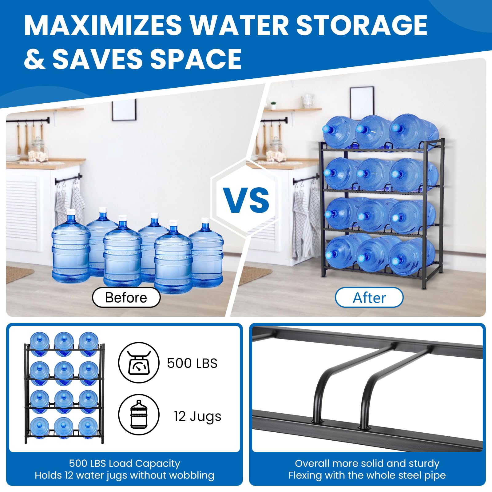 Heavy Duty 4-Tier 5 Gallon Water Jug Holder - Sturdy Storage Rack for 12 Bottles Without Wobbling - Upgraded Thickened Design for Home, Office, Kitchen, Warehouse & Garage (Black) - Perfect for Water Bottle Organization in Pantries, Break Rooms and Emergency Preparedness