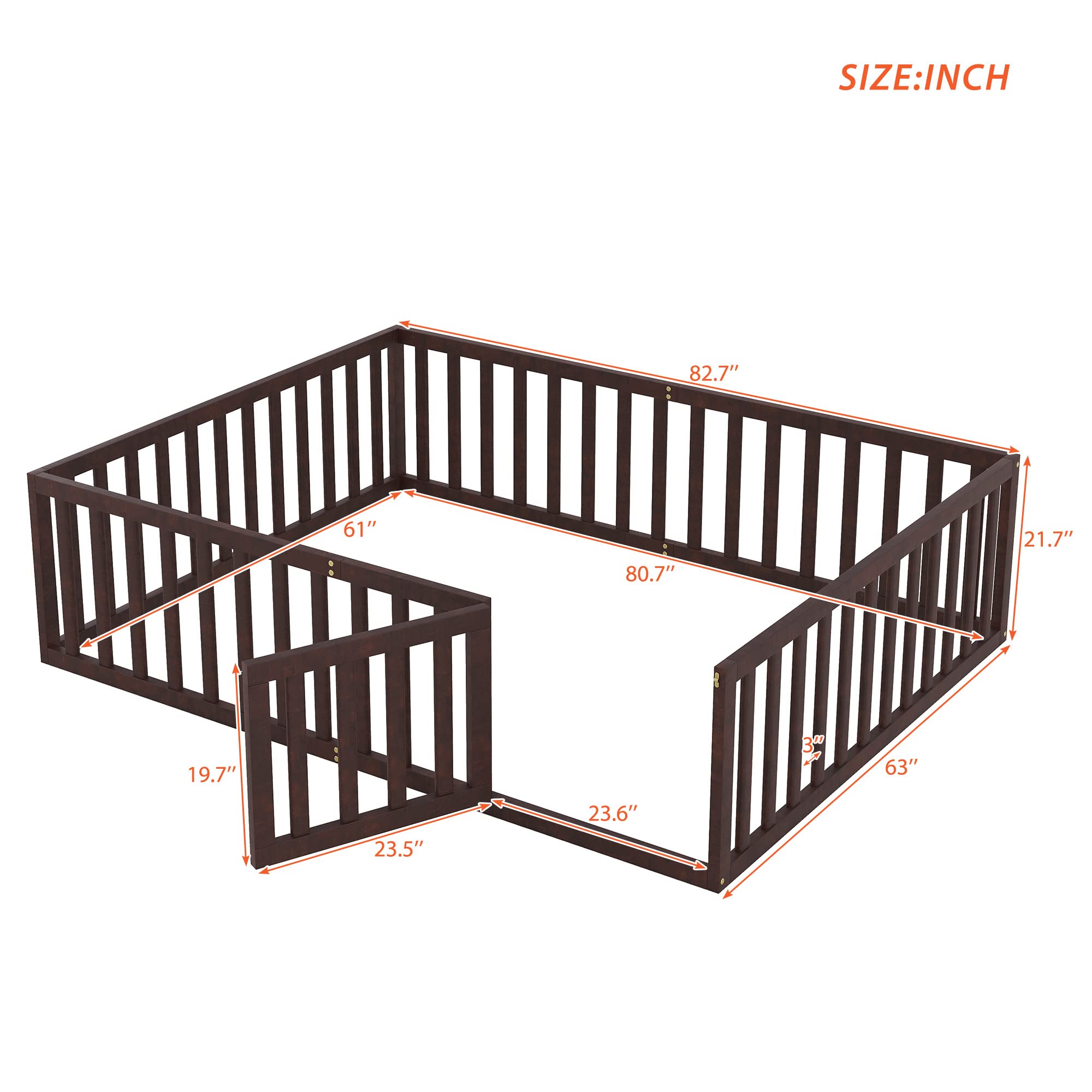 MERITLINE Queen Size Wooden Bed Frame with Safety Fence & Door - Montessori Floor Bed for Kids 6+ Years - Easy Assembly - No Box Spring Needed (Walnut) - Perfect for Toddler Rooms, Daycare Centers & Montessori Classrooms