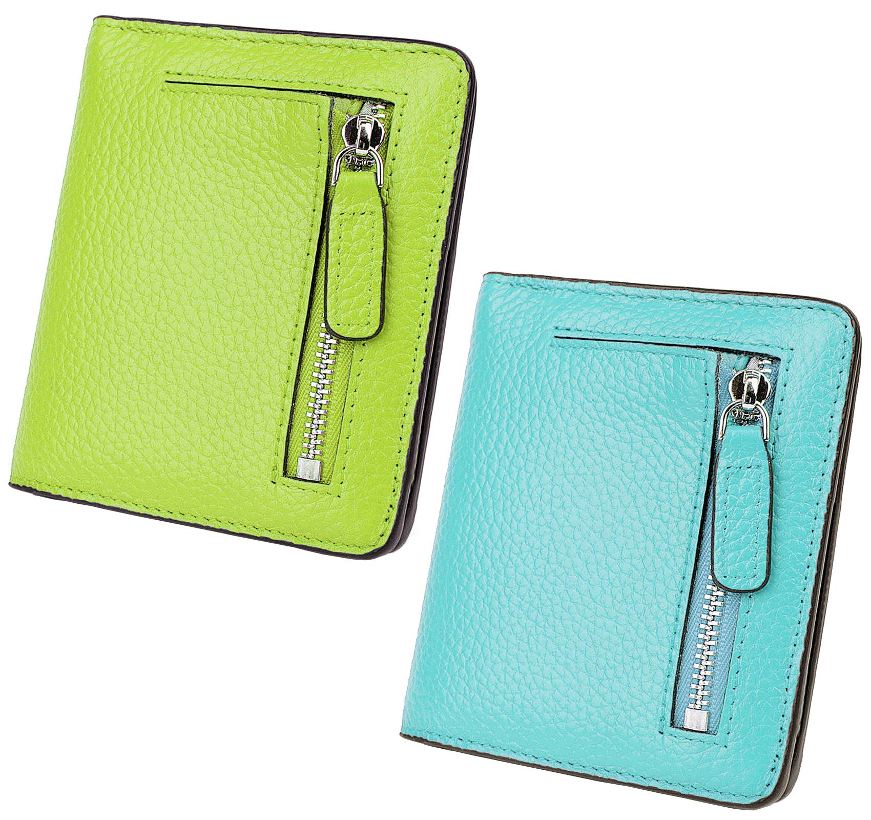 AINIMOER Women's RFID Blocking Leather Wallet - Slim Bifold Zipper Card Holder with Multiple Pockets (Light Green/Sea Blue) | Perfect for Travel, Work & Everyday Use