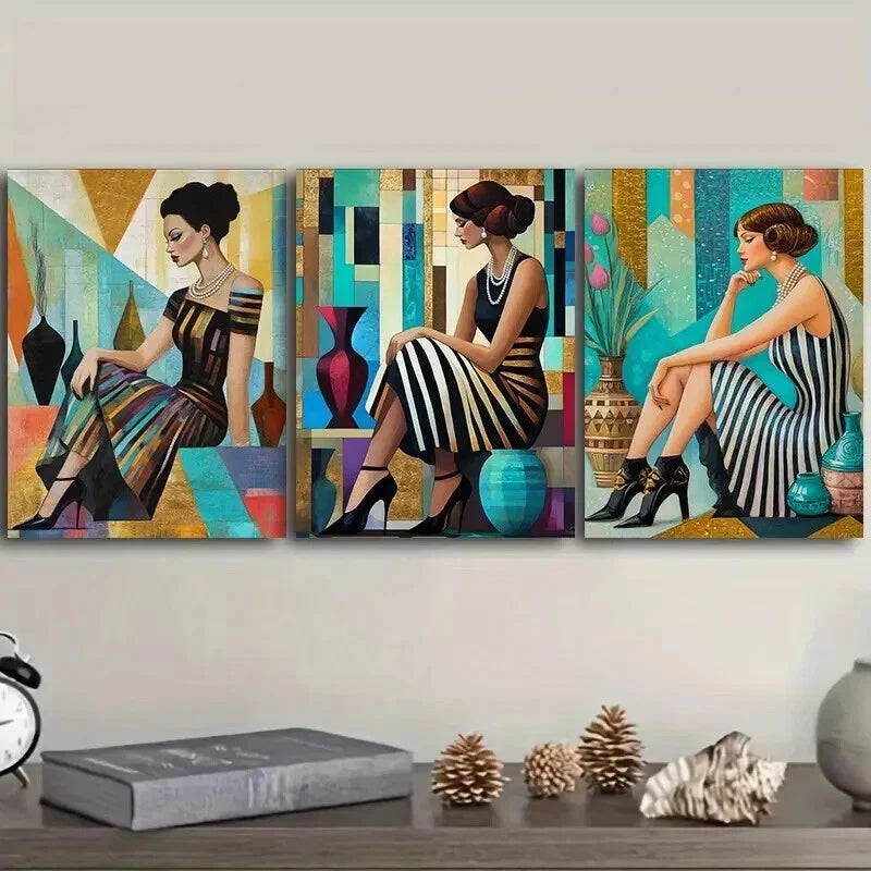3-Piece Retro Fashion Girl Wall Art Canvas Framed Set - 50x70cm High Quality Print - 100% Australian Made - Ready to Hang - Perfect for Living Room, Bedroom & Office Decor