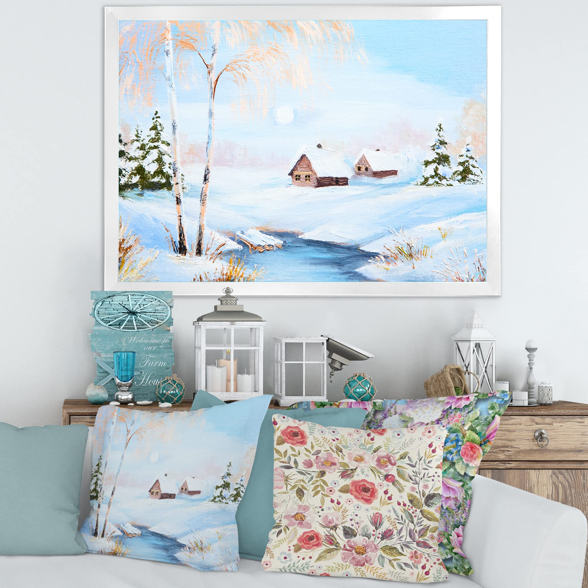 DesignQ Winter Landscape Frozen River in the Forest Lake House Framed Wall Art - Nature Scenery Canvas Print for Living Room, Bedroom & Office Decor