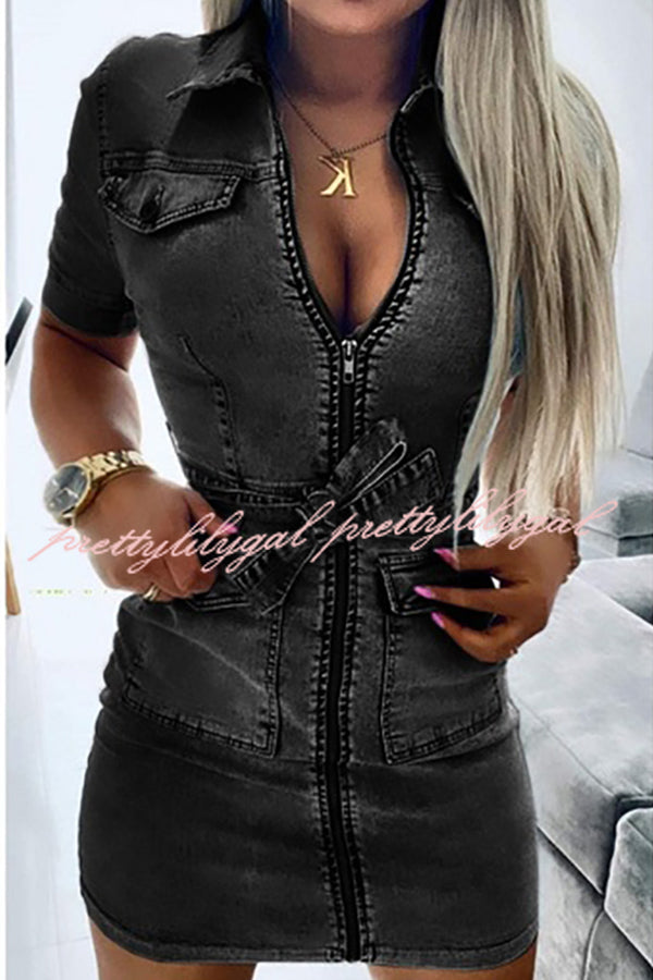 Stylish Tie Waist Zipped Pocket Denim Mini Dress for Women - Casual Outfit for Dating, Parties & Summer Fashion
