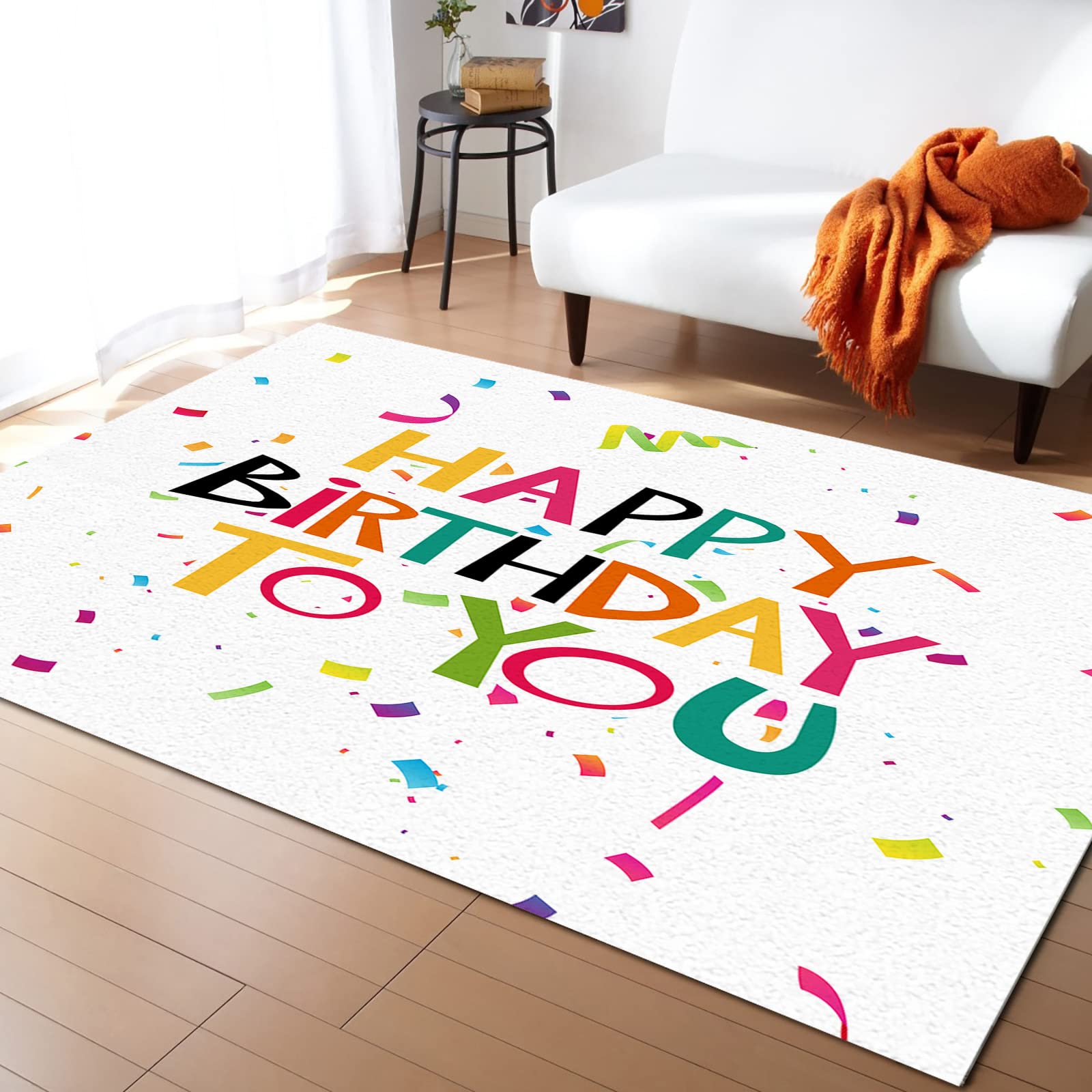 Happy Birthday Colorful Text Ribbon Party Area Rug - 5'x8' Low Pile Non-Slip Indoor Carpet for Dining Room, Living Room, Bedroom, Entryway & Foyer - Perfect for Birthday Decorations & Home Celebrations