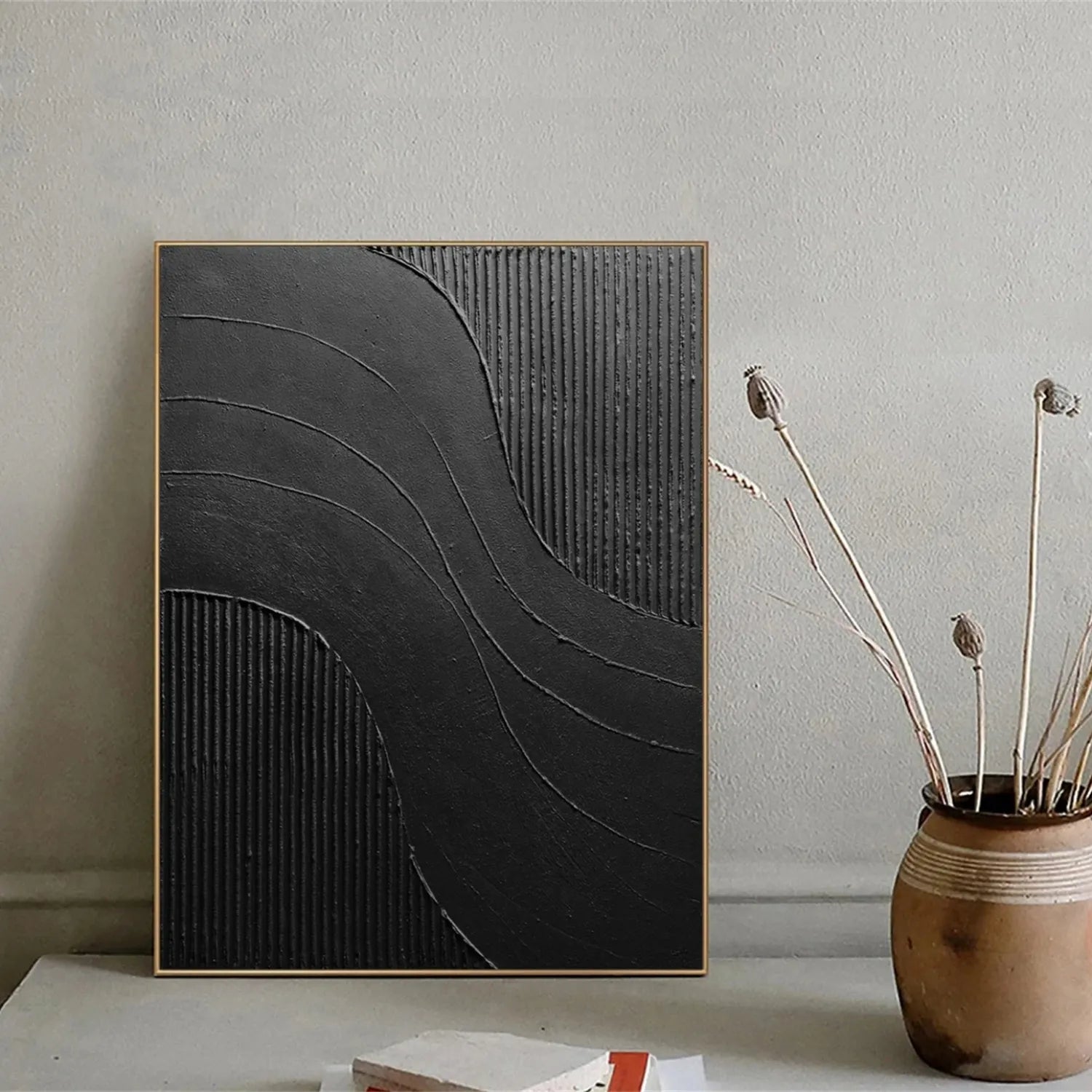Black Minimalist Textured Painting Canvas #MZ104 - Modern Abstract Wall Art for Living Room, Bedroom & Office Decor