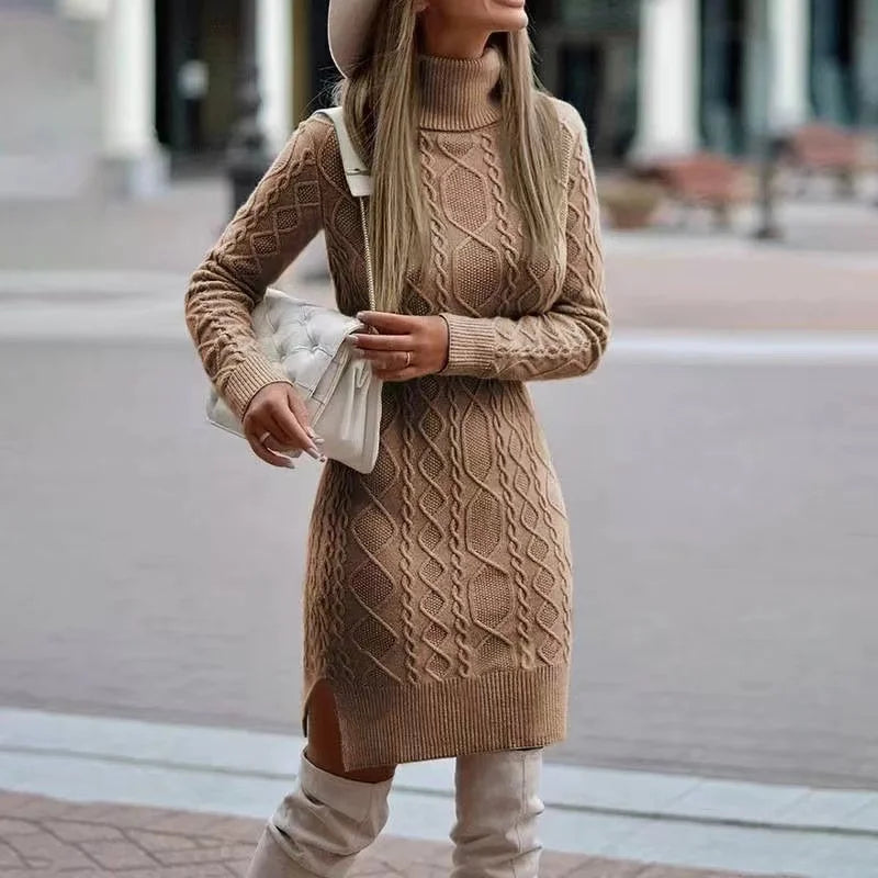Women's Knitted Wrap Skirt Dress - High Neck Long Sleeve Winter Sweater Dress, Warm & Thickened for Autumn Winter Season | Perfect for Office, Party & Casual Outfits
