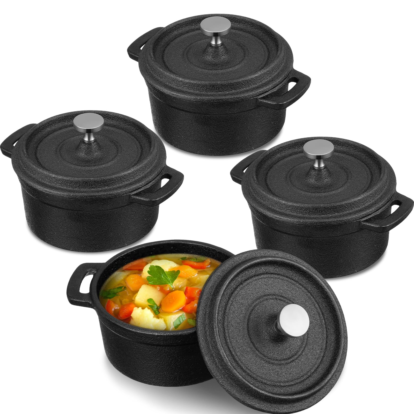 4 Pcs Mini Dutch Oven Set - Small Round Cast Iron Cocotte with Lid & Dual Handles (20 oz) - Black Enameled Pot for Stovetop, Oven, BBQ & Grill - Perfect for Marinating, Baking, Roasting Garlic & Refrigerating - Ideal for Camping, Kitchen & Outdoor Cooking