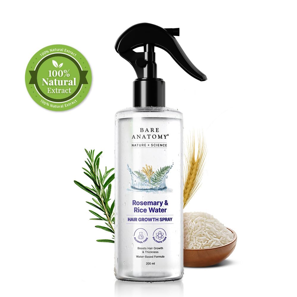 Bare Anatomy Rosemary Water Spray for Hair Growth & Thickness with Rice Water | 100% Natural Extract for Soft, Smooth Hair | Controls Hair Fall | Non-Greasy & Fast Absorbing | 200ml | Perfect for Daily Hair Care & Scalp Hydration