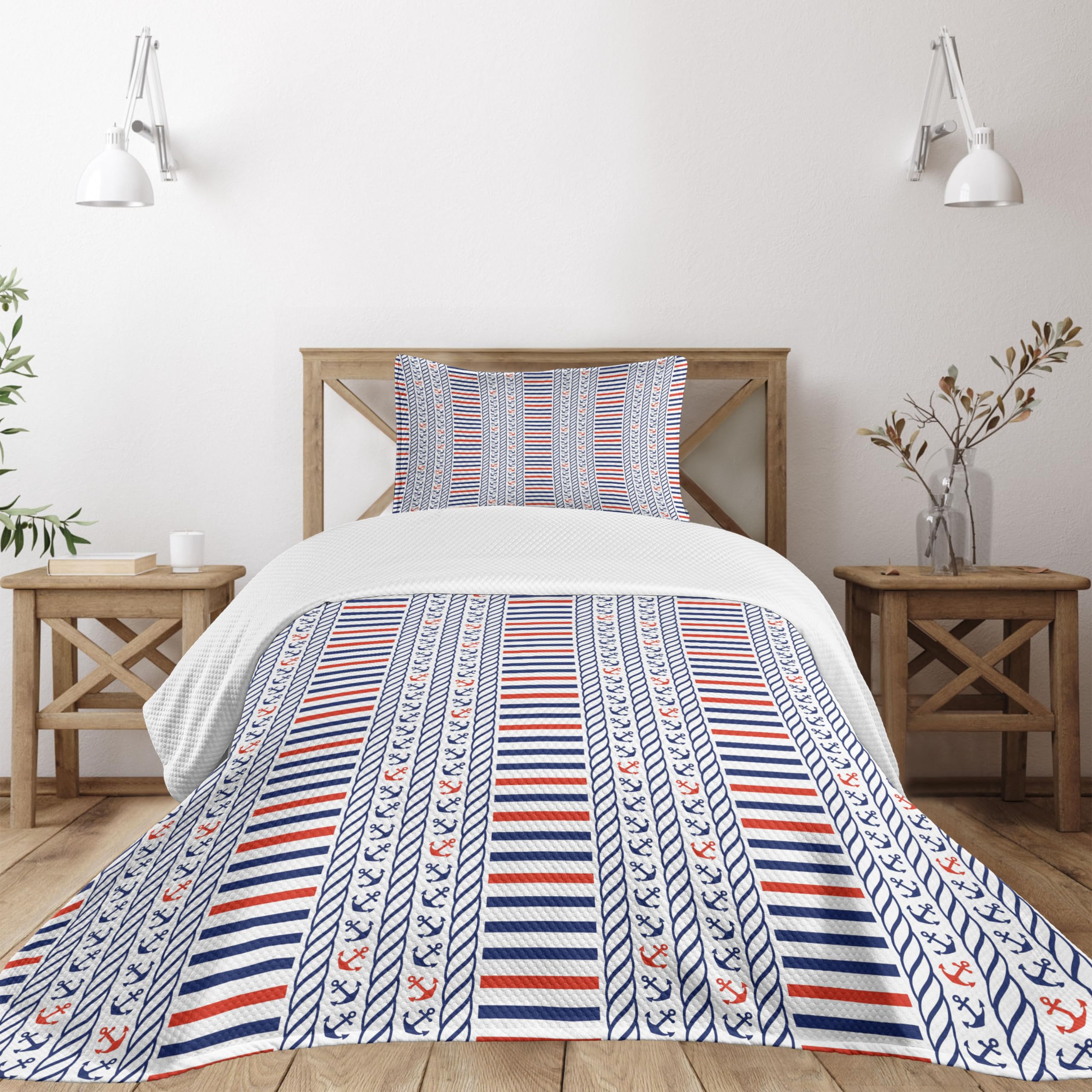 Ambesonne Nautical 3-Piece Twin Bedspread Set - Marine Stripes Anchors Sailor Navy Design, Decorative Bedding Coverlet with 2 Pillow Shams, Night Blue & Orange - Perfect for Coastal, Beach House or Sailor-Themed Bedroom Decor
