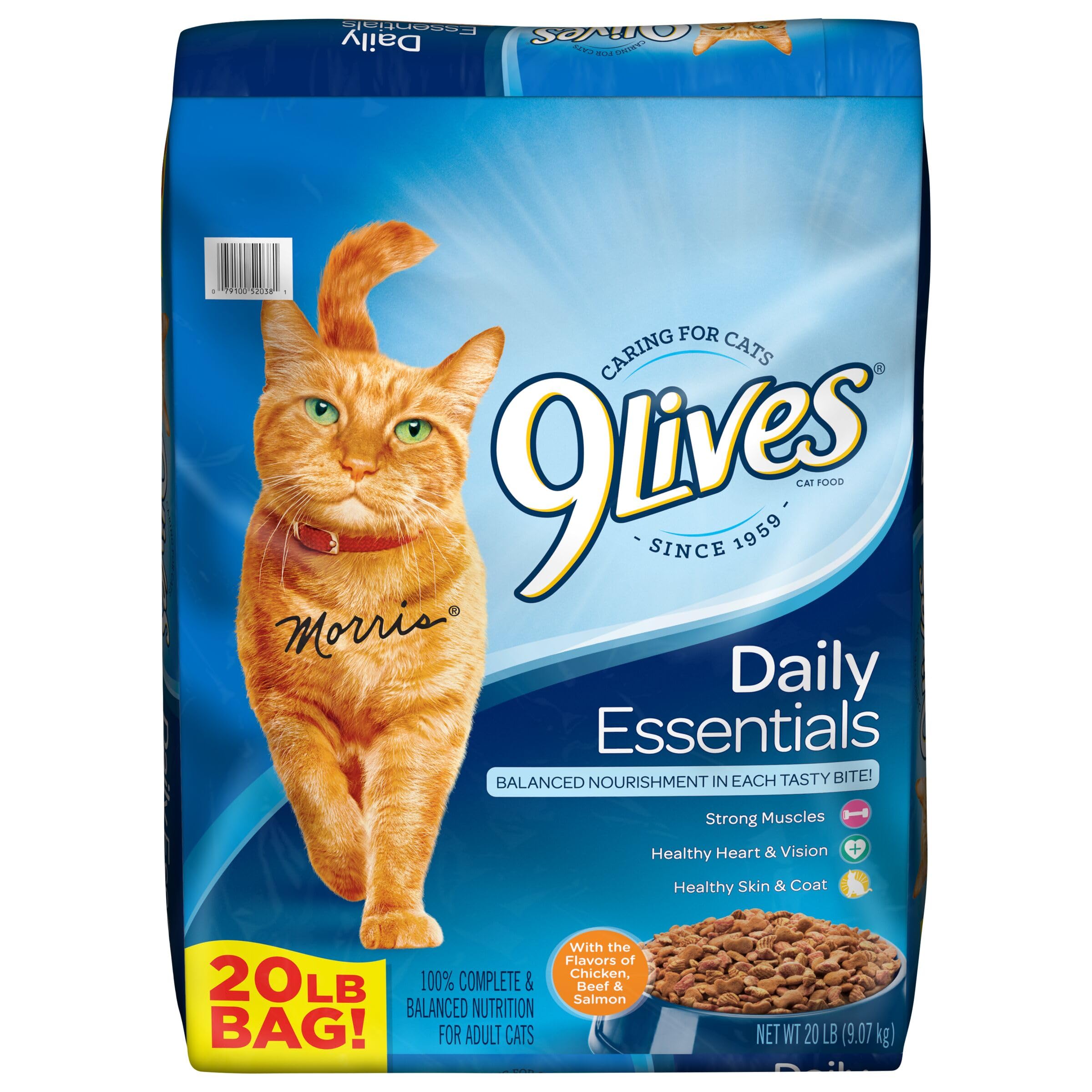 9Lives Daily Essentials Dry Cat Food with Chicken, Beef & Salmon Flavors - 20 lb Bag for Adult Cats - High Protein, Balanced Nutrition for Indoor & Outdoor Cats - Perfect for Daily Feeding & Multi-Cat Households