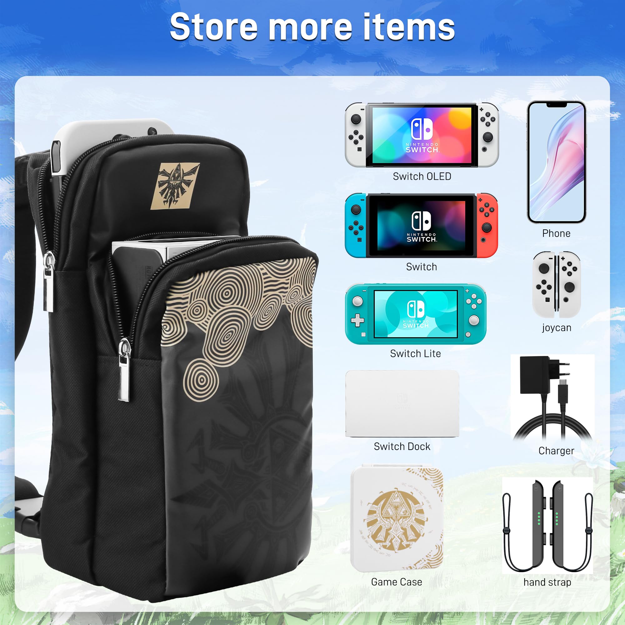 Premium GLDRAM Zelda Travel Carrying Bag for Nintendo Switch/Lite/OLED - Portable Crossbody Sling Backpack with 12 Game Card Slots, Retractable Shoulder Strap & 2 Thumb Caps - Perfect for Tears of the Kingdom Gaming & Travel Accessories (Ideal for Commuting, Gaming Events & Outdoor Adventures)