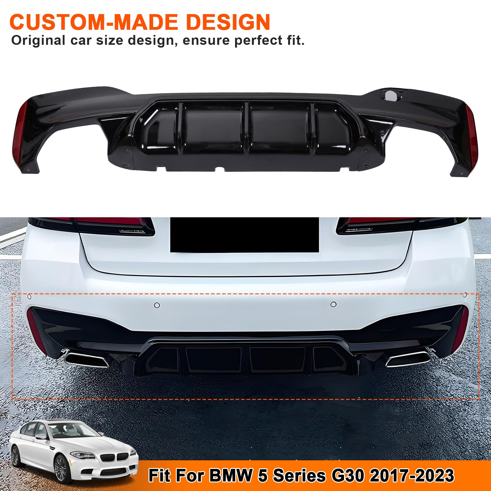 BMW 5 Series G30 G31 G38 Rear Diffuser (2017-2023) - M Sport Style Glossy Black Bumper Lip for 4-Door Sedan | Enhances Aerodynamics & Sporty Look for Street & Track Performance