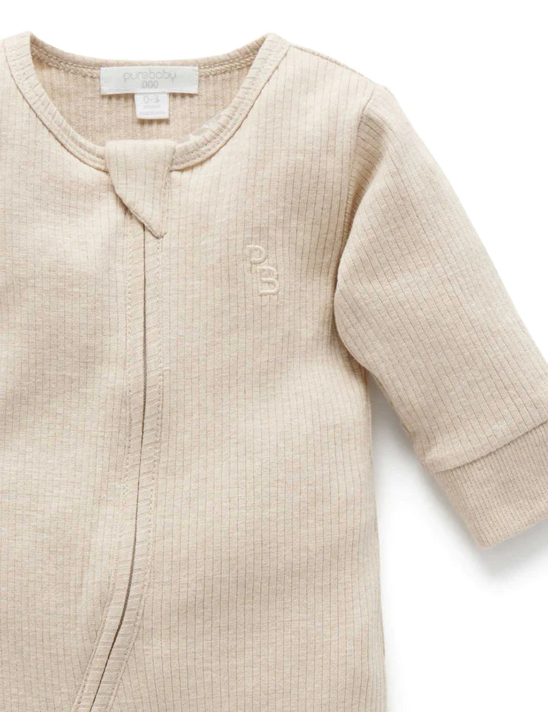 Purebaby Organic Ribbed Growsuit for Babies - Soft Cotton Bodysuit with Snaps, Neutral Biscuit Melange Color - Perfect for Newborns, Daycare & Family Outings