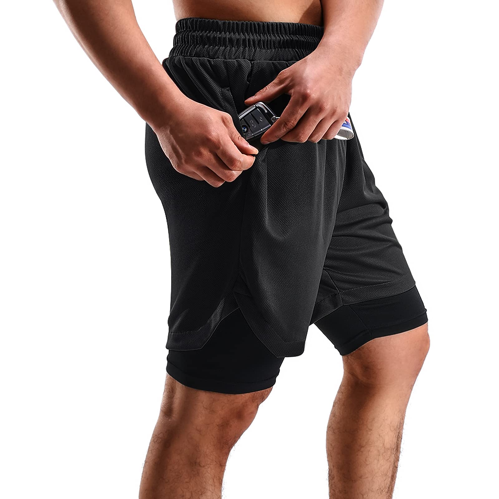 2 in 1 Men's Running & Gym Shorts - 7 Inch Quick-Dry Workout Shorts with Pockets & Towel Loop (2 Pack) - Perfect for Jogging, Training & Outdoor Activities