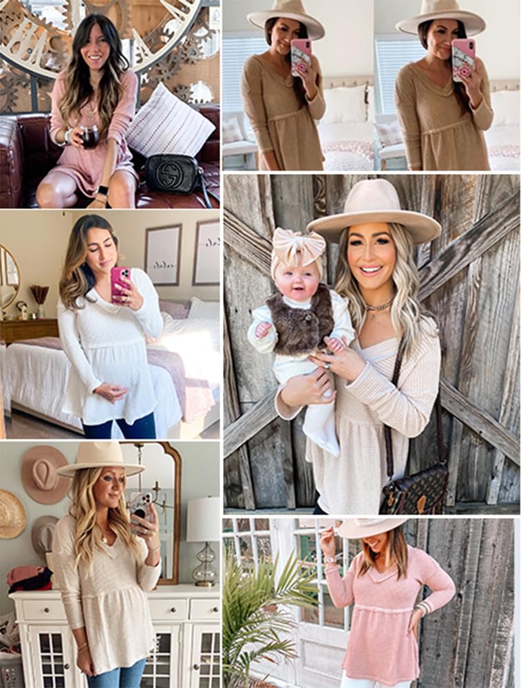 Women's V-Neck Waffle Knit Tunic Top - Long Sleeve Peplum Pullover Sweater | Casual Flowy Babydoll Swing Shirt for Everyday Wear, Office & Date Night Outfits