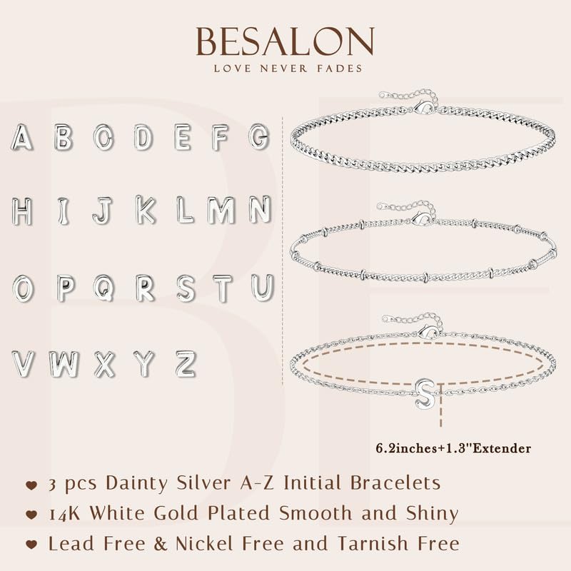 3 Pcs Gold and Silver Bracelets for Women - 14K Gold Plated Initial Charm Bracelet Stackable A-Z Monogram Jewelry Set, Anti-Tarnish Gift for Her - Perfect for Birthday, Anniversary, Valentine's Day Gifts