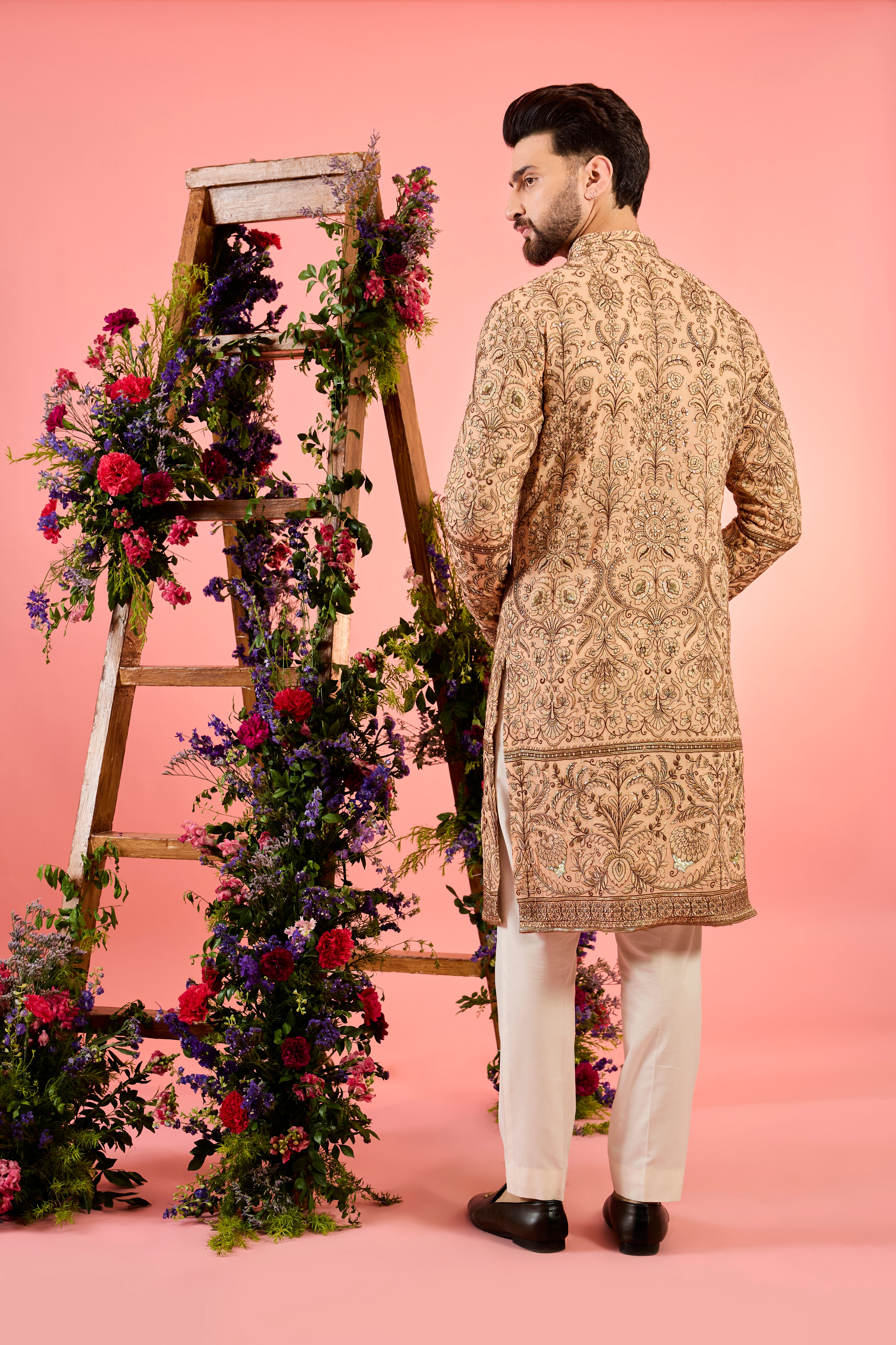 Elegant Peach Chinkari Kurta with Intricate Floral Zari Embroidery - Perfect for Festivals, Weddings & Ethnic Occasions