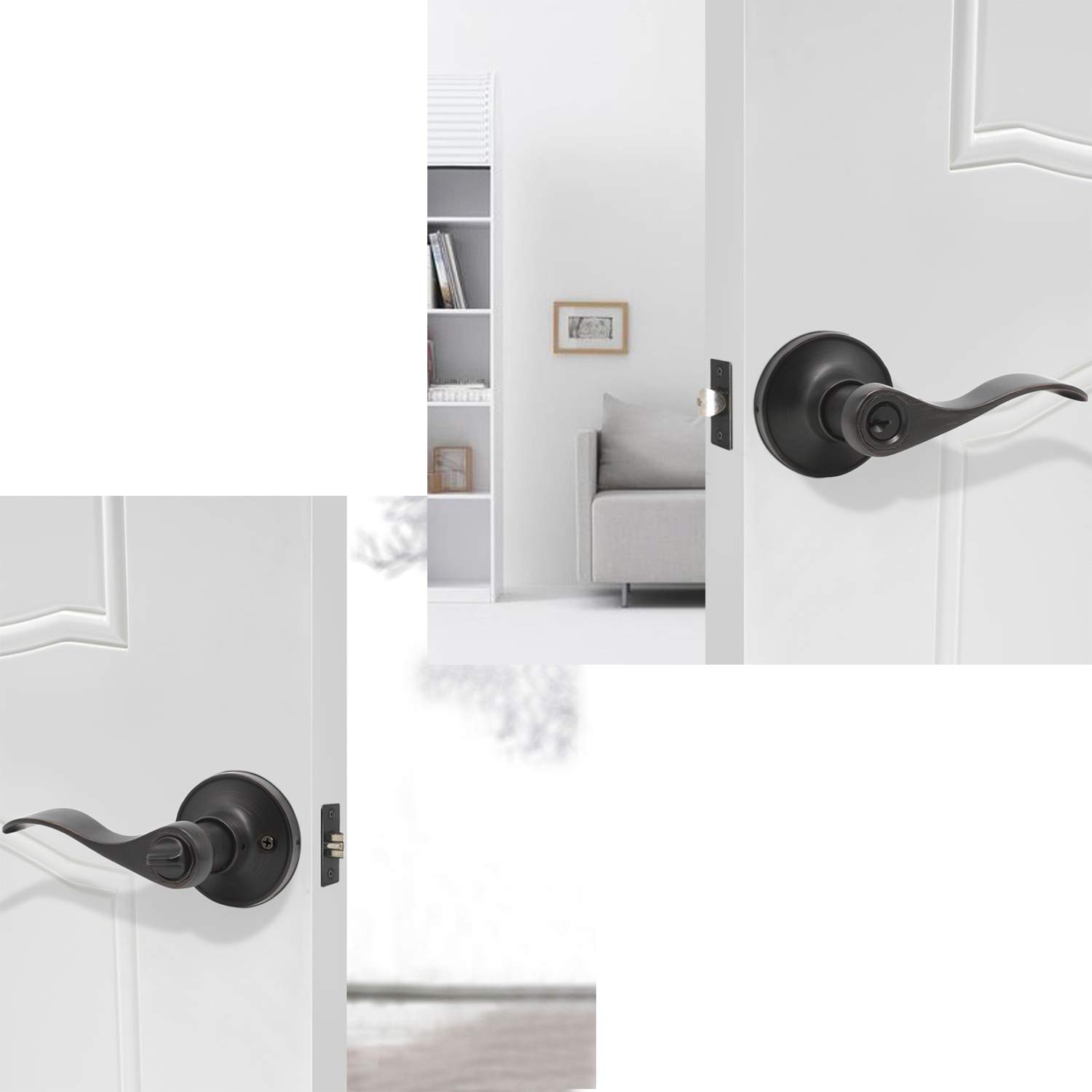 KNOBWELL 5-Pack Wave Style Keyed Entry Door Lever Lock Set - Oil Rubbed Bronze Exterior/Interior Door Handles (Reversible for Left/Right Hand, Unique Keys) - Perfect for Home, Office & Commercial Security