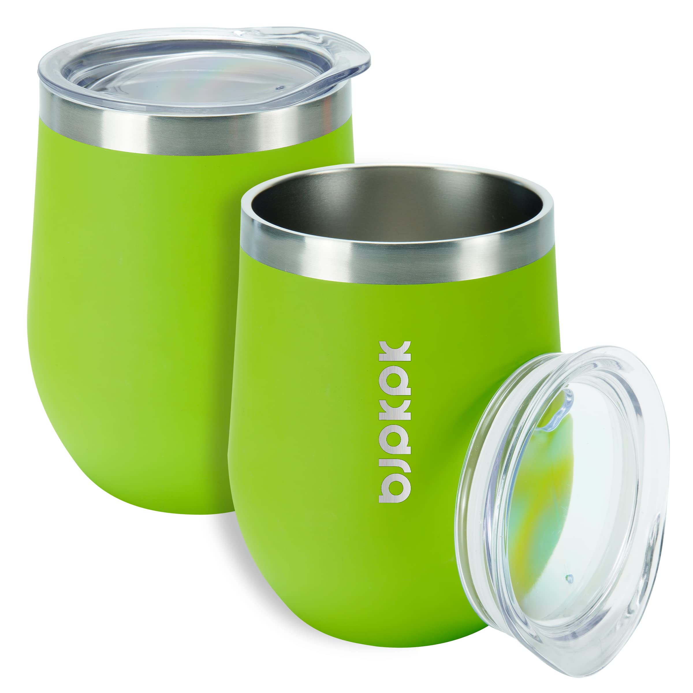 2 Pack 12oz Insulated Wine Tumblers - Double Wall Vacuum Stainless Steel Coffee Mugs with Lid, Unbreakable Wine Glasses for Hot & Cold Drinks - Perfect for Home, Office, Camping & Outdoor Picnics (Green)