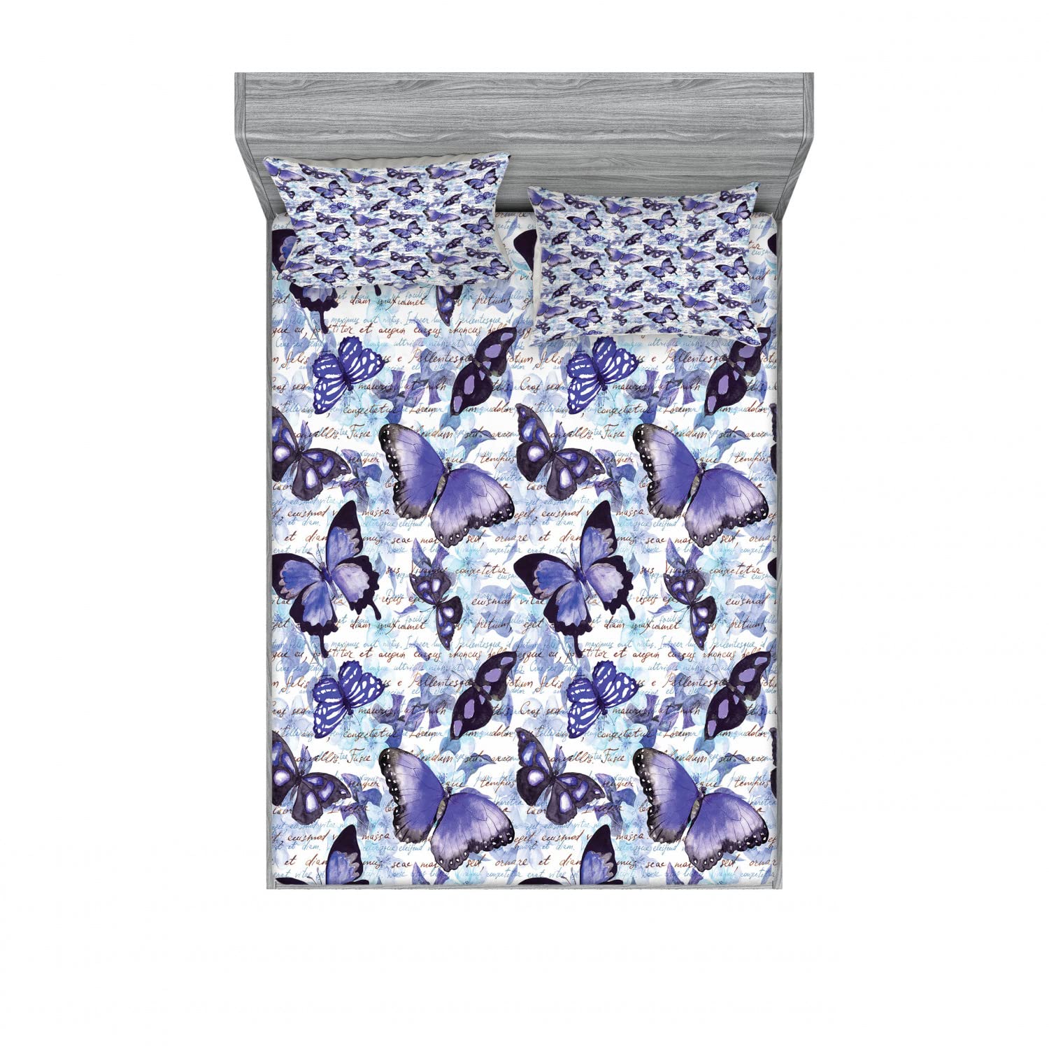 Ambesonne Romance 2-Piece Queen Size Bedding Set - Floral Butterfly Print Fitted Sheet & Pillow Sham (Pale Blue/Violet/Black) | Soft & Breathable 4-PC Bedroom Decor for Guest Rooms, Master Bedroom & Vacation Homes