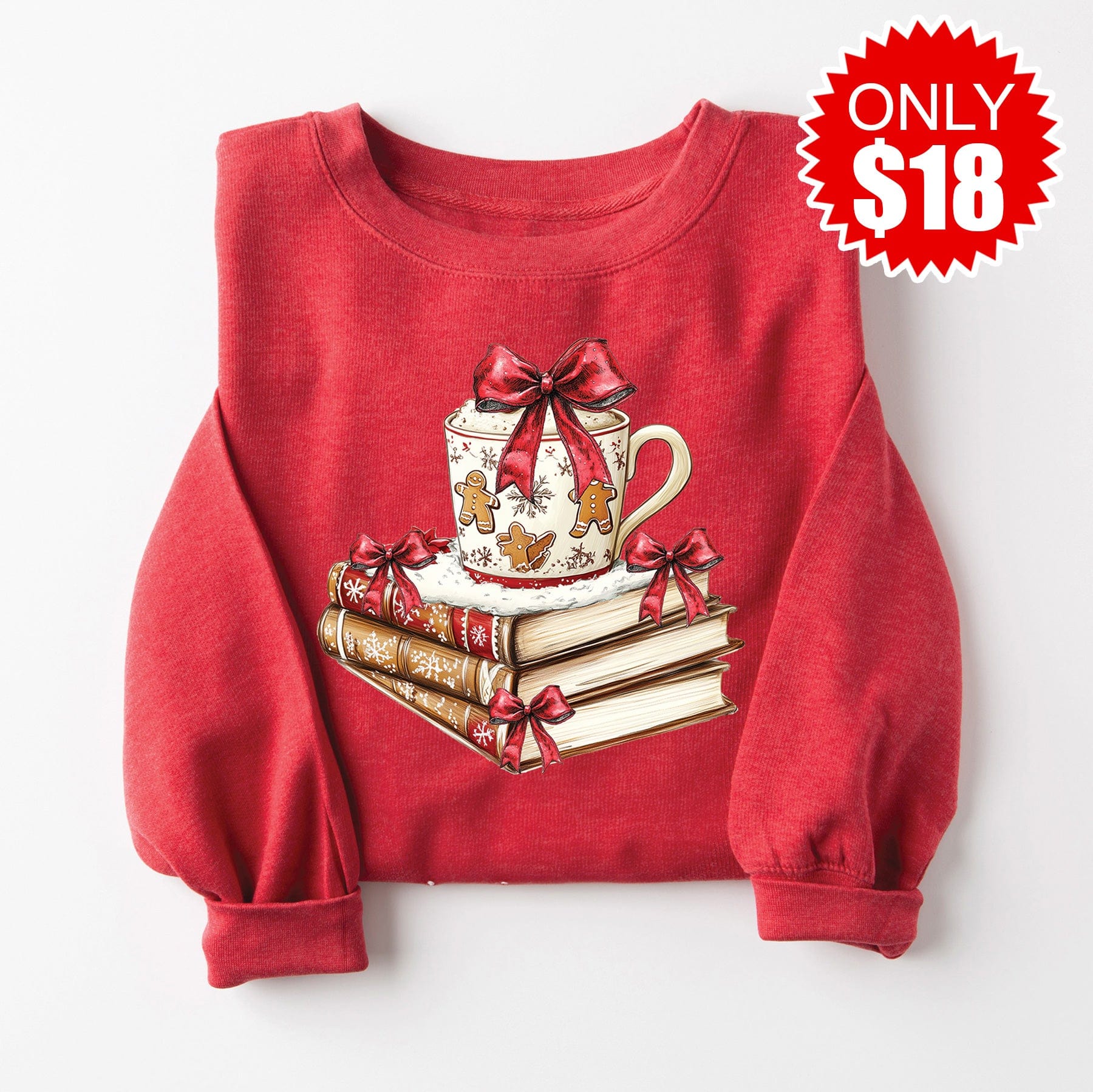 Christmas Books Graphic Crewneck Sweatshirt - Heather Scarlet Red - Cozy Holiday Reading & Gift Sweatshirt for Book Lovers