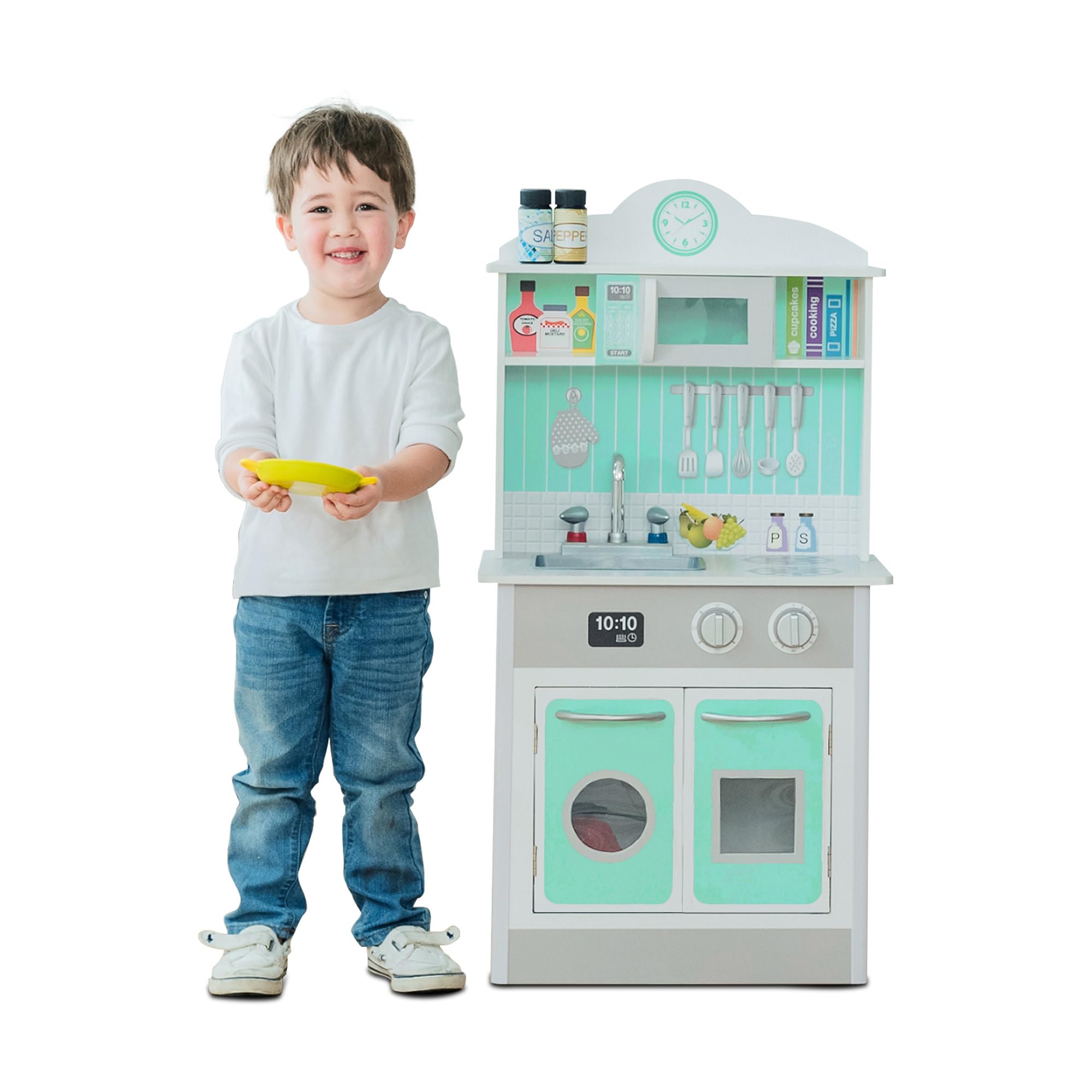 Teamson Kids Little Chef Madrid Classic Interactive Wooden Play Kitchen Set - Pretend Play Toy with Sink, Oven, Microwave & Storage - Easy Clean Gray & Mint Design - Perfect for Toddlers & Preschoolers Role Play, Birthday Gifts & Daycare Learning Activities