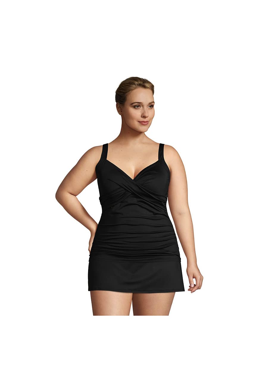 Lands' End Women's Tummy Control One Piece Swimsuit - V-Neck Wrap Design, Chlorine Resistant, Slimming Swimwear for Beach & Pool