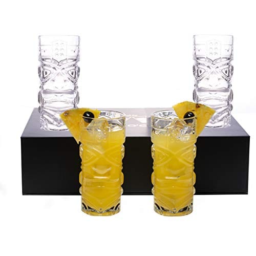 Premium Clear Tiki Glasses Set of 4 - 450ml Large Capacity for Exotic Cocktails, Lemonade, Iced Tea & Mixed Drinks - Perfect for Zombie, Rum, Mai Tai, Pina Colada, Hurricane & Tropical Party Drinks - Durable Bar Drinkware for Home & Outdoor Entertaining