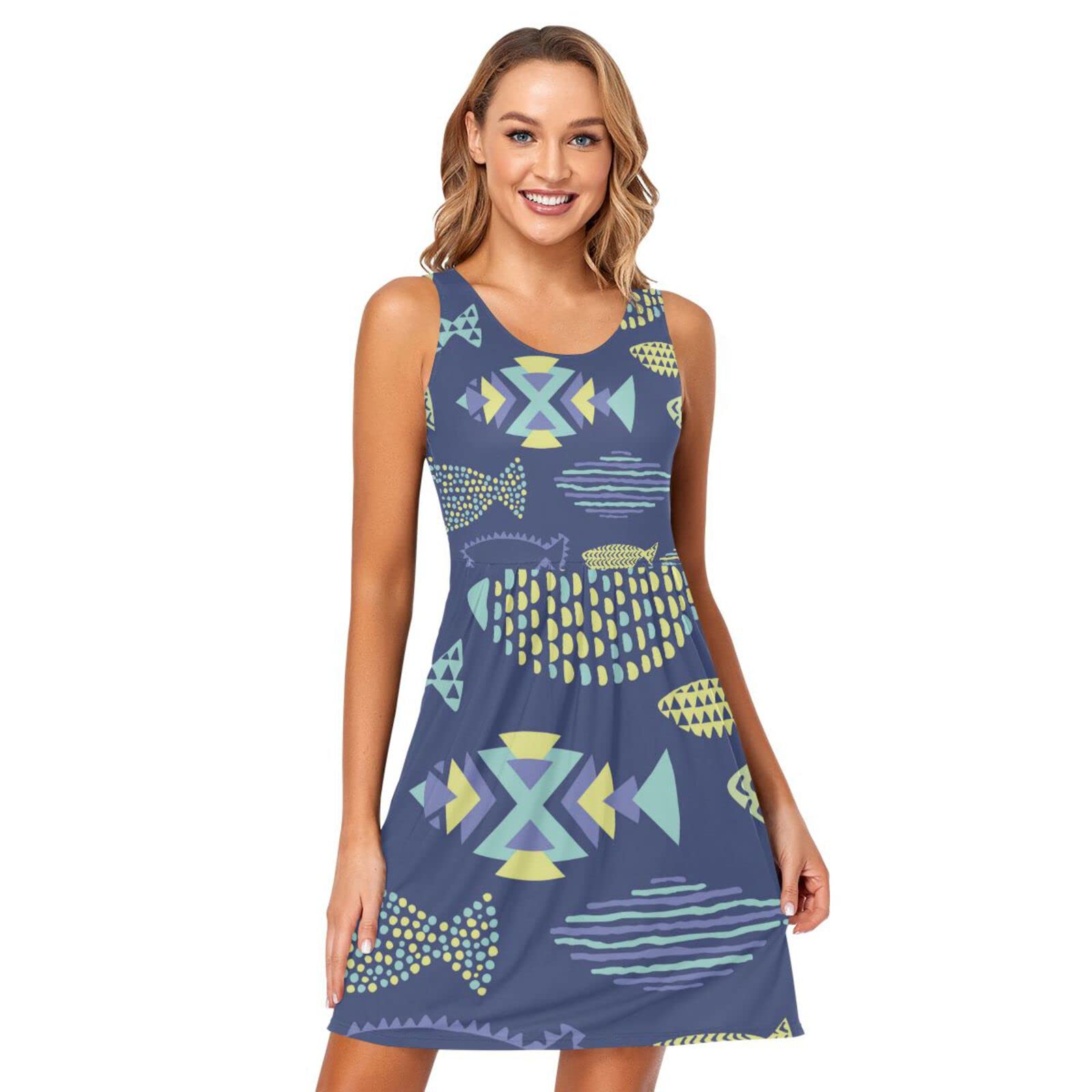 Women's Summer Sleeveless Floral Print Pleated Dress with Pockets - Casual Sun Dress for Beach, Vacation & Outdoor Activities