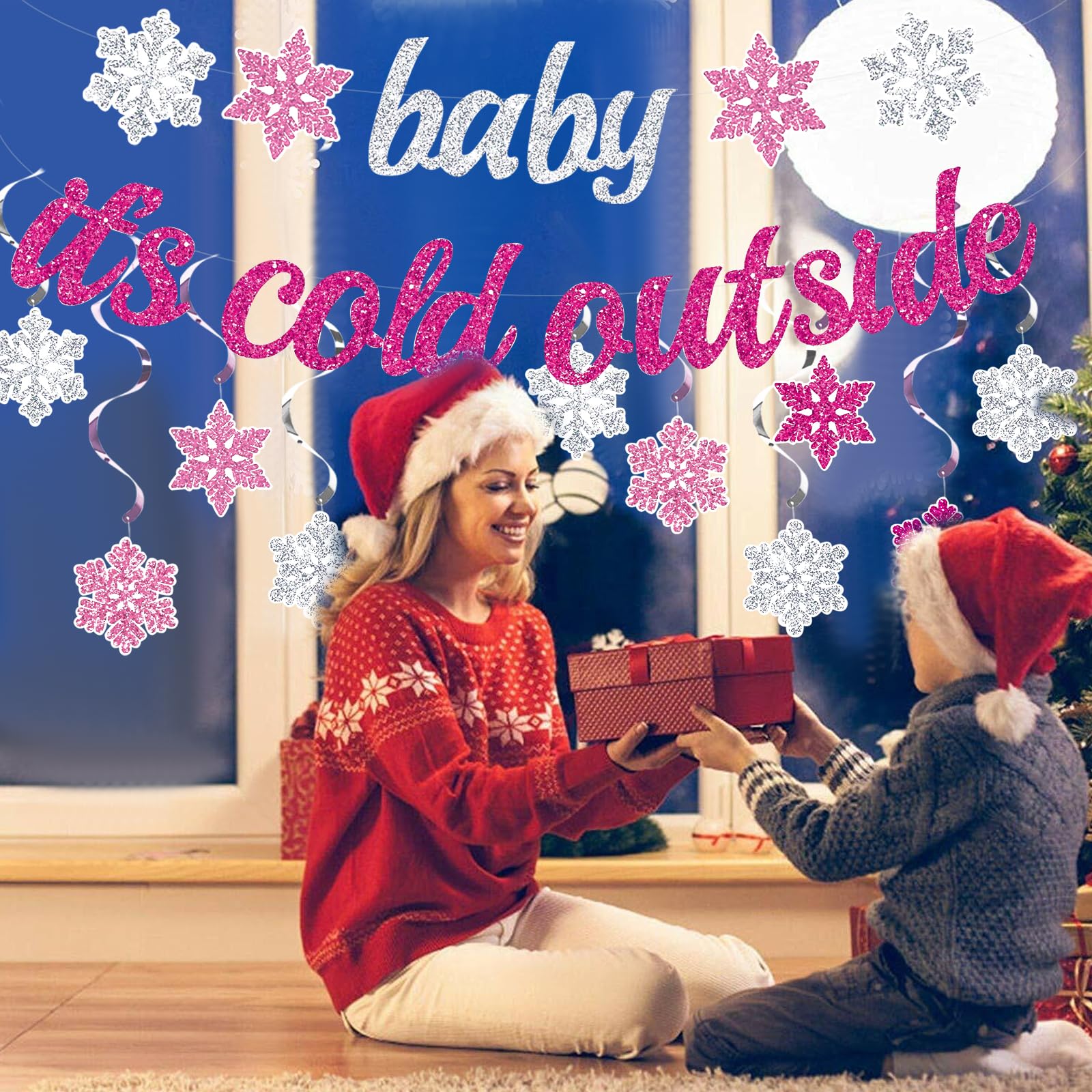 Pink 'Baby It's Cold Outside' Winter Banner - Glitter Silver Snowflake Hanging Decor for Girls Birthday Party, Christmas & Baby Shower Supplies | Festive Seasonal Home & Event Decoration