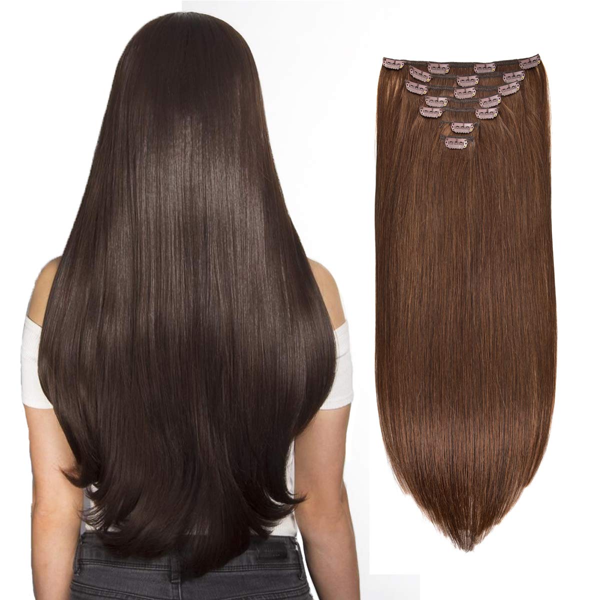 Clip in Human Hair Extensions 18 Inch Dark Brown #2 - 7pcs 120g Thickened Straight Real Human Hair for Volume & Length - Perfect for Parties, Weddings & Everyday Styling