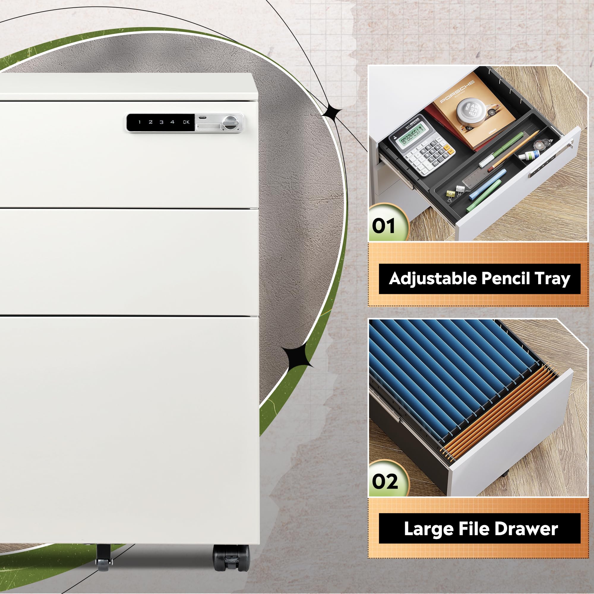 DEVAISE 3-Drawer Locking File Cabinet - Fully Assembled Metal Storage with Combination Lock | Mobile Under Desk Home Office Organization | White Filing Cabinet for Documents & Supplies