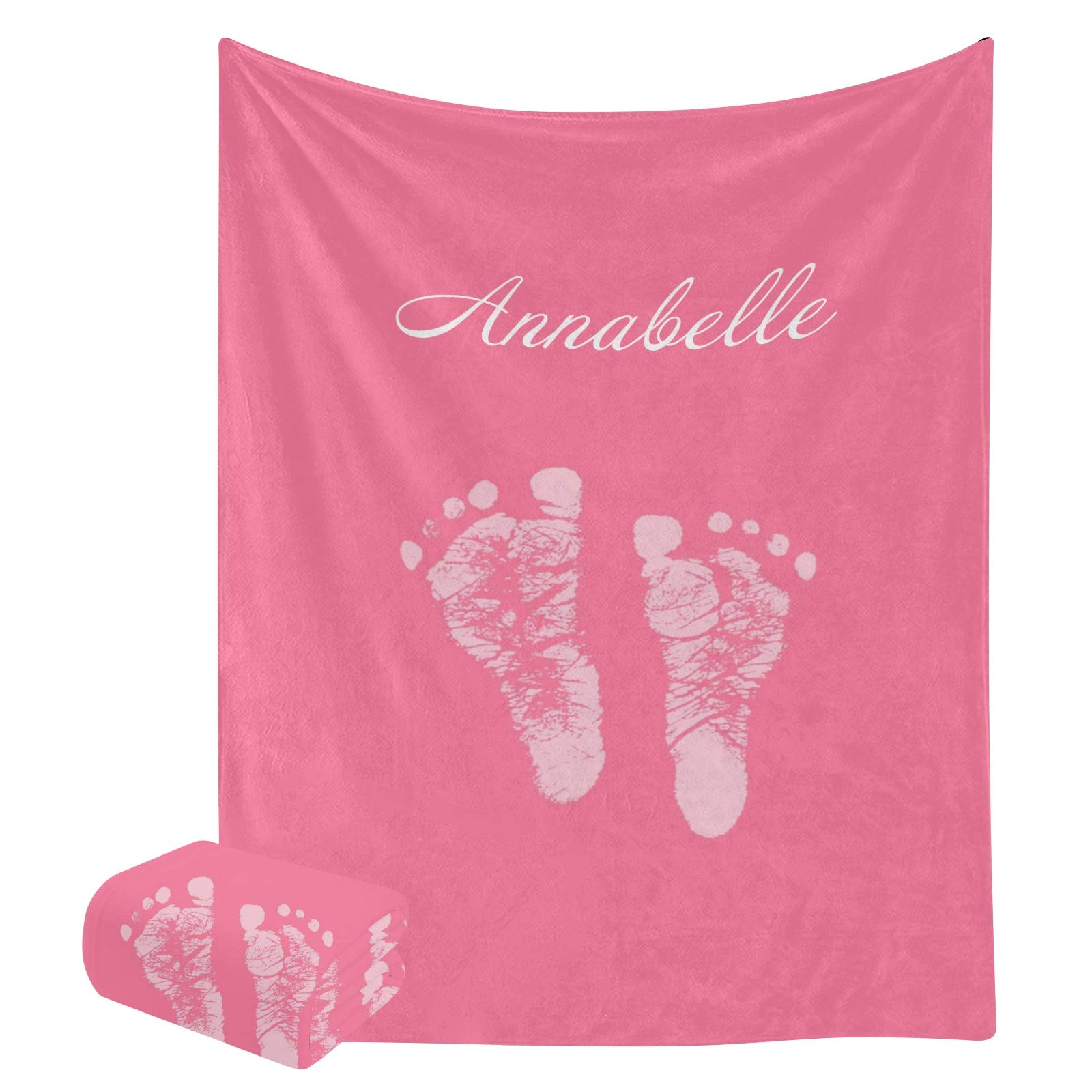 **Personalized Baby Footprint Fleece Blanket - Custom Name Pink Soft Throw Blanket for Newborn Gifts, Nursery, Sofa & Bed (50