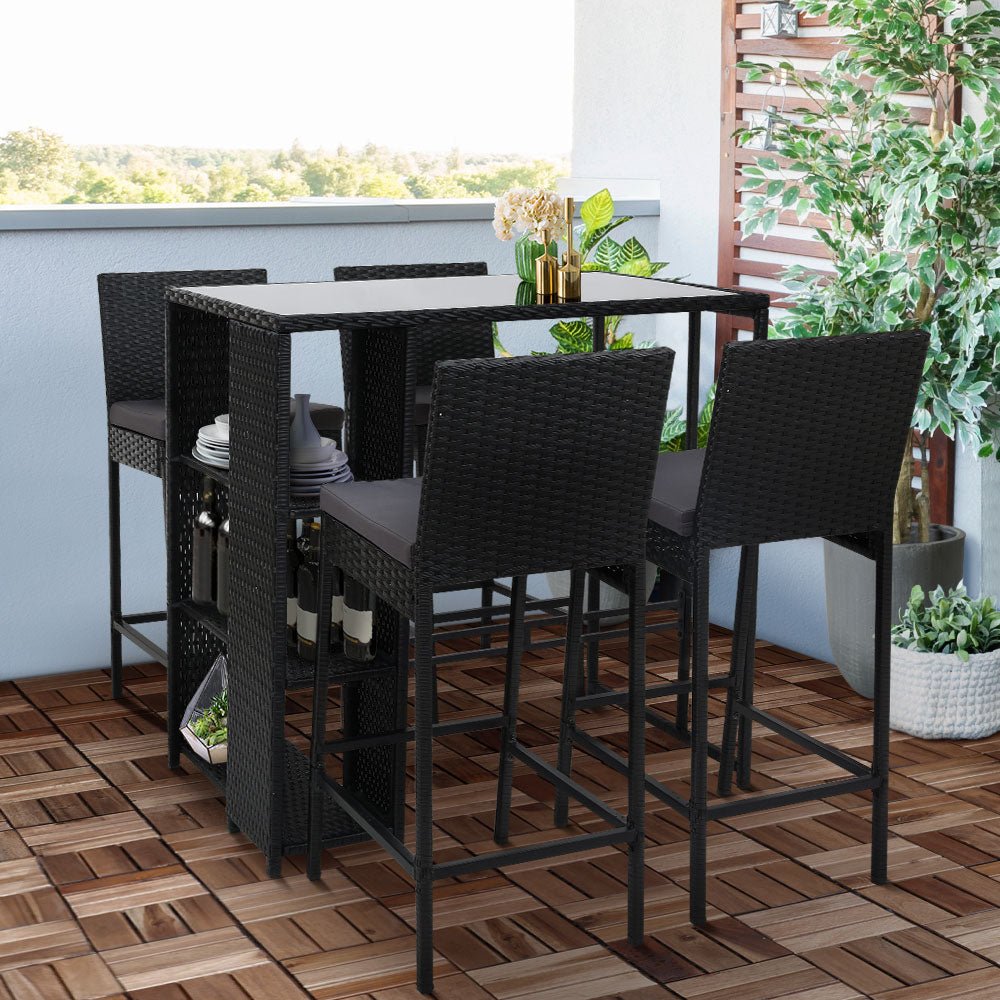 5-Piece Outdoor Bar Set - Rattan Wicker Patio Dining Chairs & Table with Stools for Backyard, Garden, Poolside or Deck Entertainment