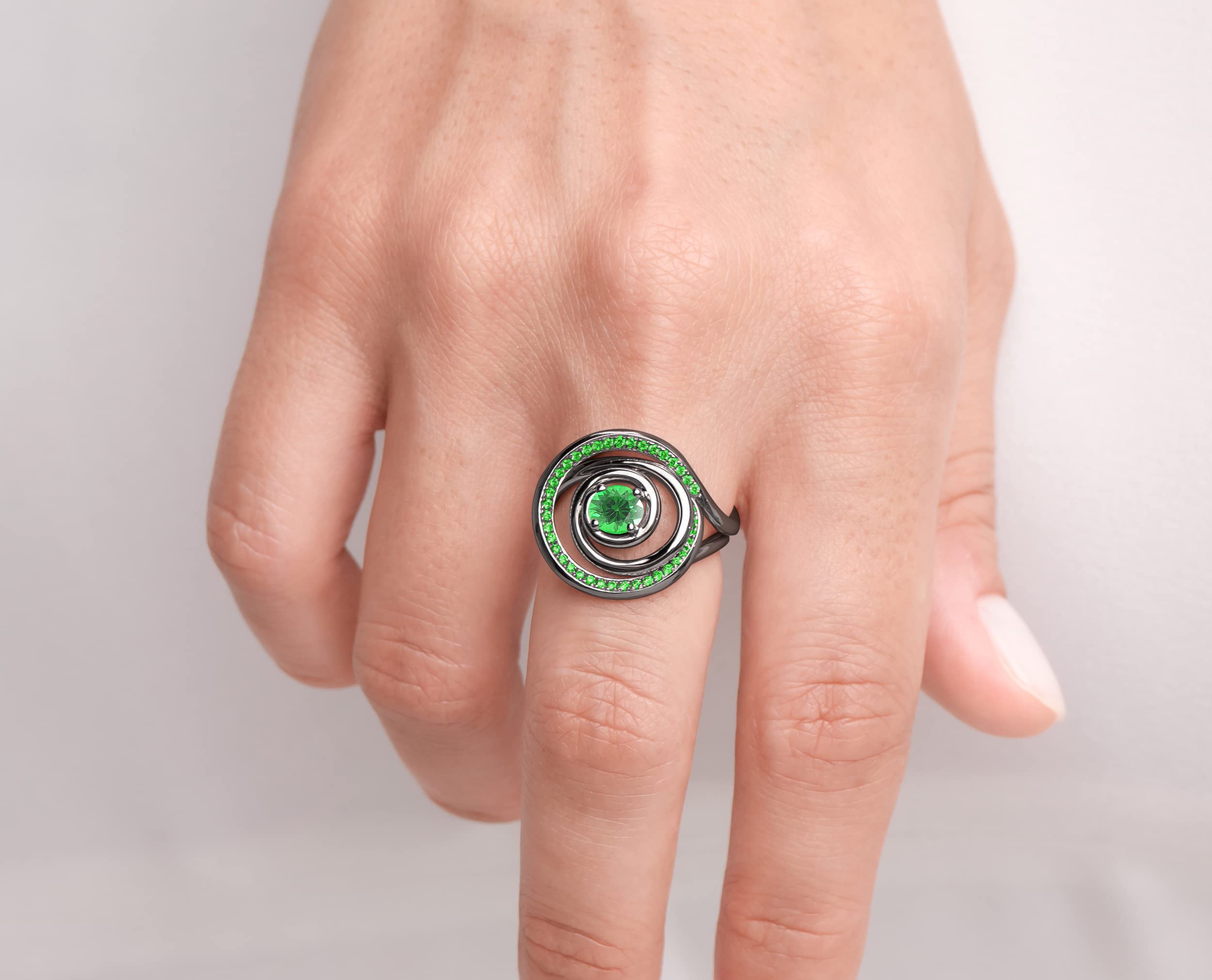 Tsavorite Green Gemstone Women's Wedding Ring Band - Alternative Black Gold Engagement Ring - Unique Halo Karma Open Circle Ring for Brides & Fashion Jewelry Lovers | Perfect for Weddings, Anniversaries & Special Occasions