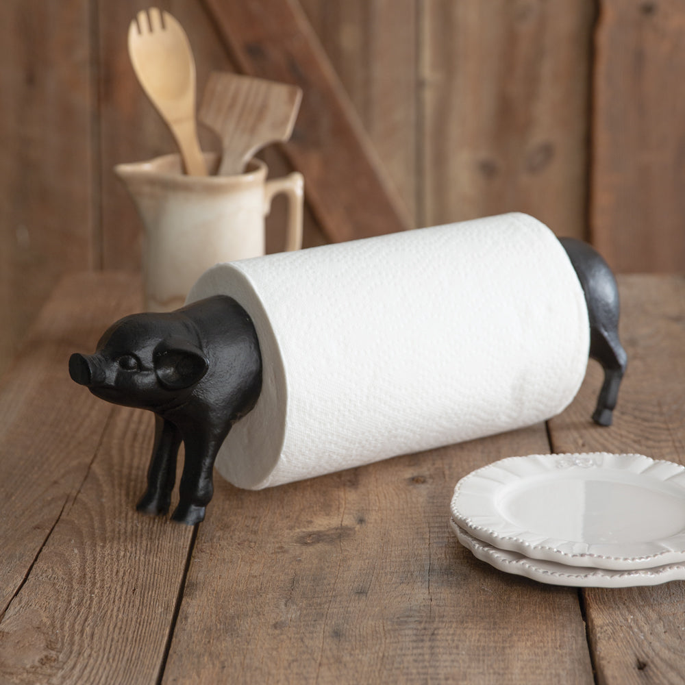 Vintage Cast Iron Pig Paper Towel Holder - Rustic Farmhouse Kitchen Decor for Countertop or Wall Mount - Perfect for Country Style Homes, Restaurants, and Gift Giving