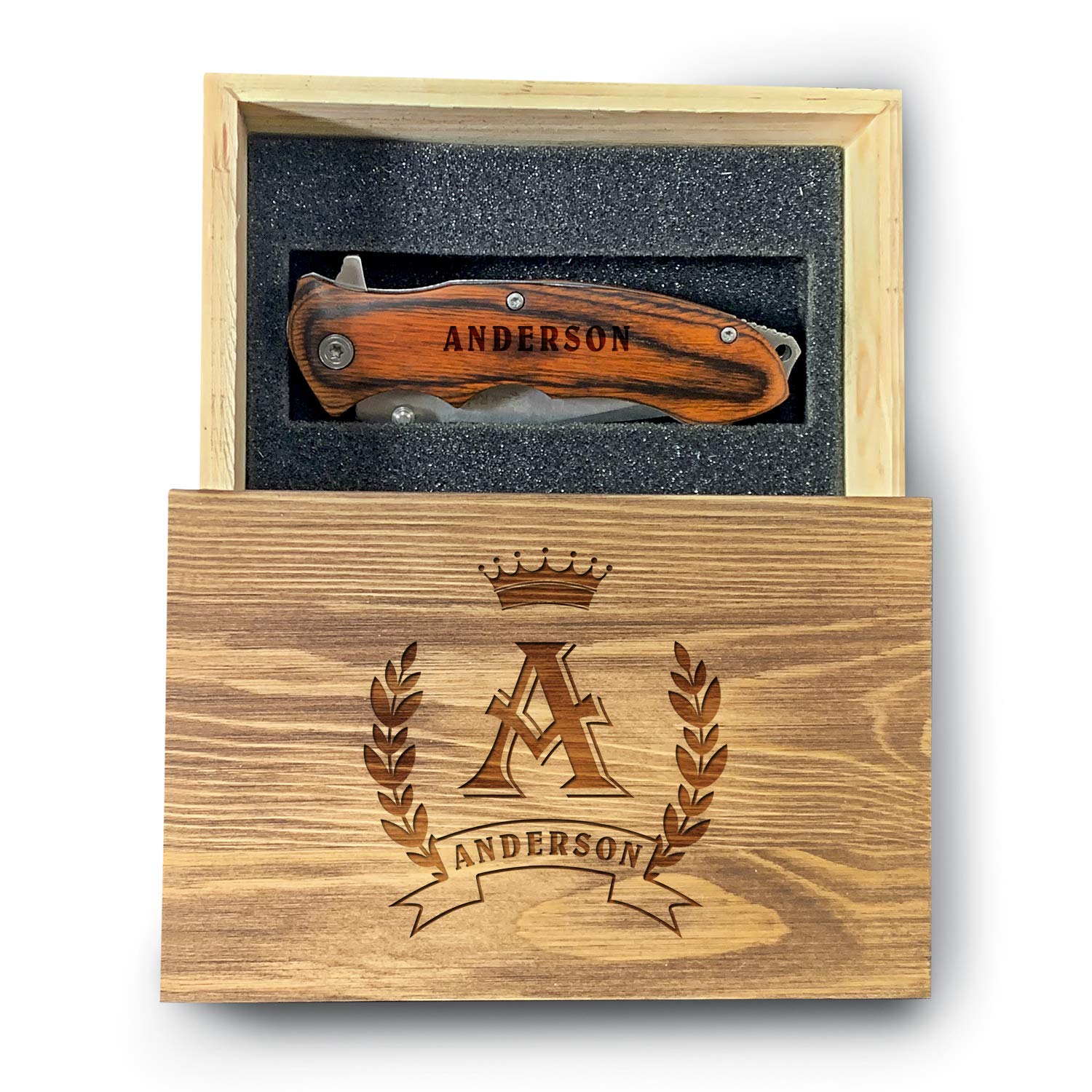 Personalized Engraved Groomsmen Knife with Crown Wooden Box - Folding Hunting Knife Gift for Men, Best Man Wedding Gift, Outdoor Camping & Survival Tool