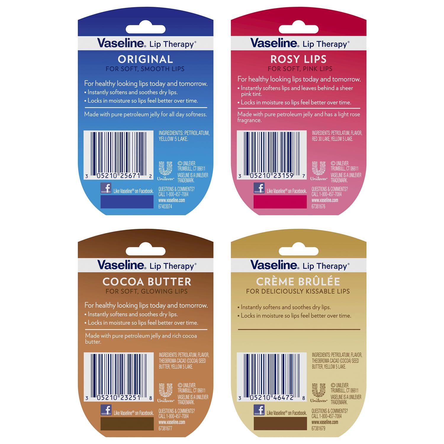 Vaseline Lip Therapy Variety 8-Pack – Original, Crème Brûlée, Rosy Lips & Cocoa Butter Mini Lip Balms (0.25 Oz Each) for Soft, Glowing & Kissable Lips | Perfect for Daily Hydration, Winter Care & On-The-Go Moisturization