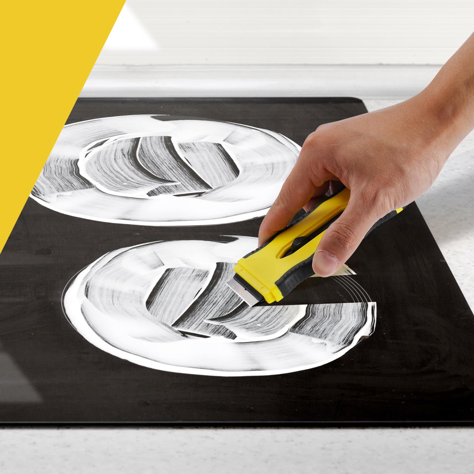 Kiemeu Dual-End Ceramic Cooktop Razor Scraper Tool with 10 Replacement Blades - Oven Safe Glass Stove Top Cleaner for Tough Grease & Burnt-On Food - Perfect for Kitchen Cleaning, Grill Maintenance, and DIY Home Improvement Projects