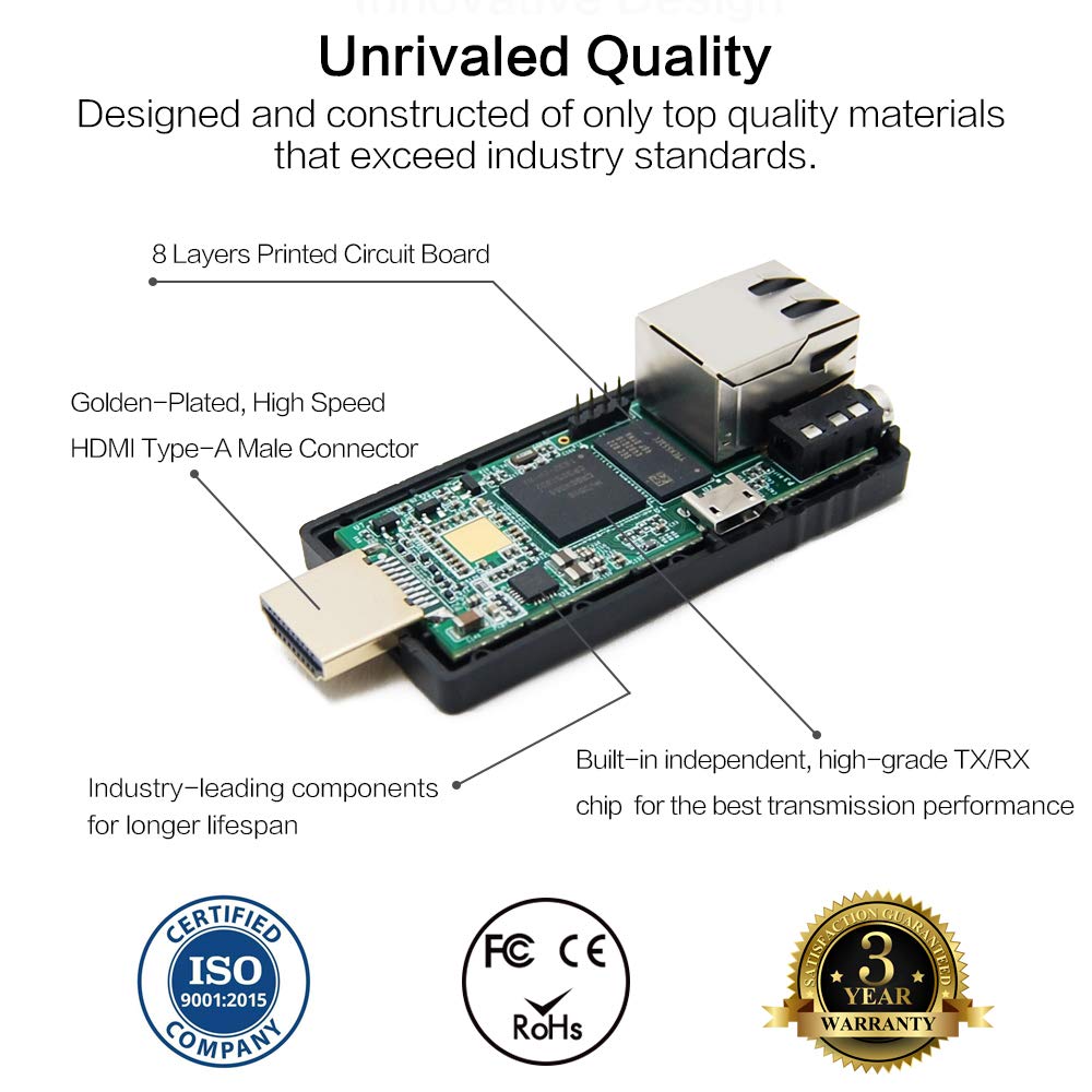 DDMALL 500ft 4K HDMI Extender Over TCP/IP - Real 4K 30Hz, Works with CAT5e/6/7 Cable, 1-to-1 & 1-to-Many via Gigabit Switch, USB Powered HDMI Over Ethernet (HIP20RX) - Perfect for Home Theater, Gaming & Conference Room AV Setup
