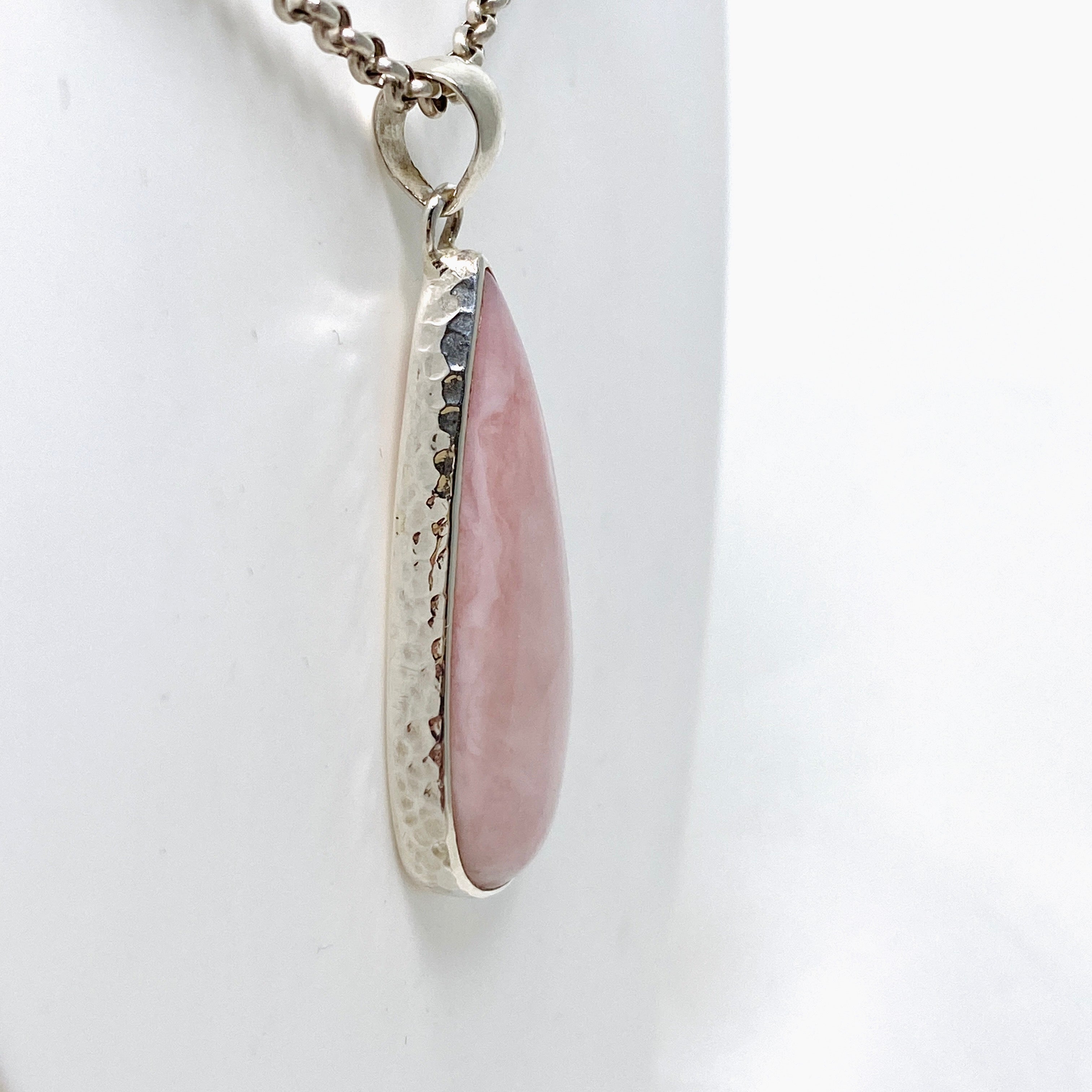Natural Pink Opal Teardrop Cabochon Pendant Necklace - Handmade Hammered Sterling Silver Setting KPGJ4669 - Perfect for Boho Jewelry & Gift Giving